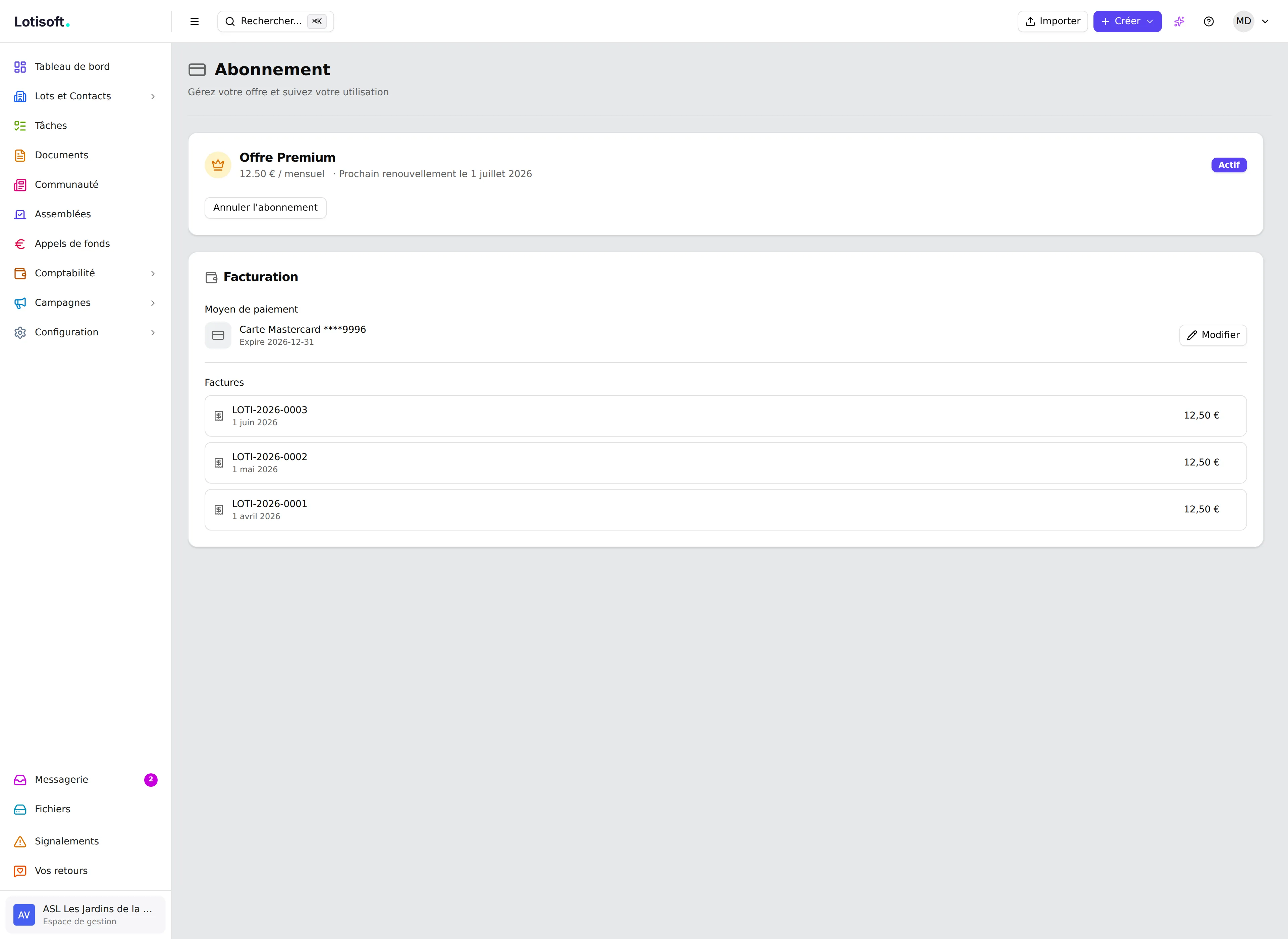 Espace abonnement Lotisoft — gestion de la facturation par copropriété