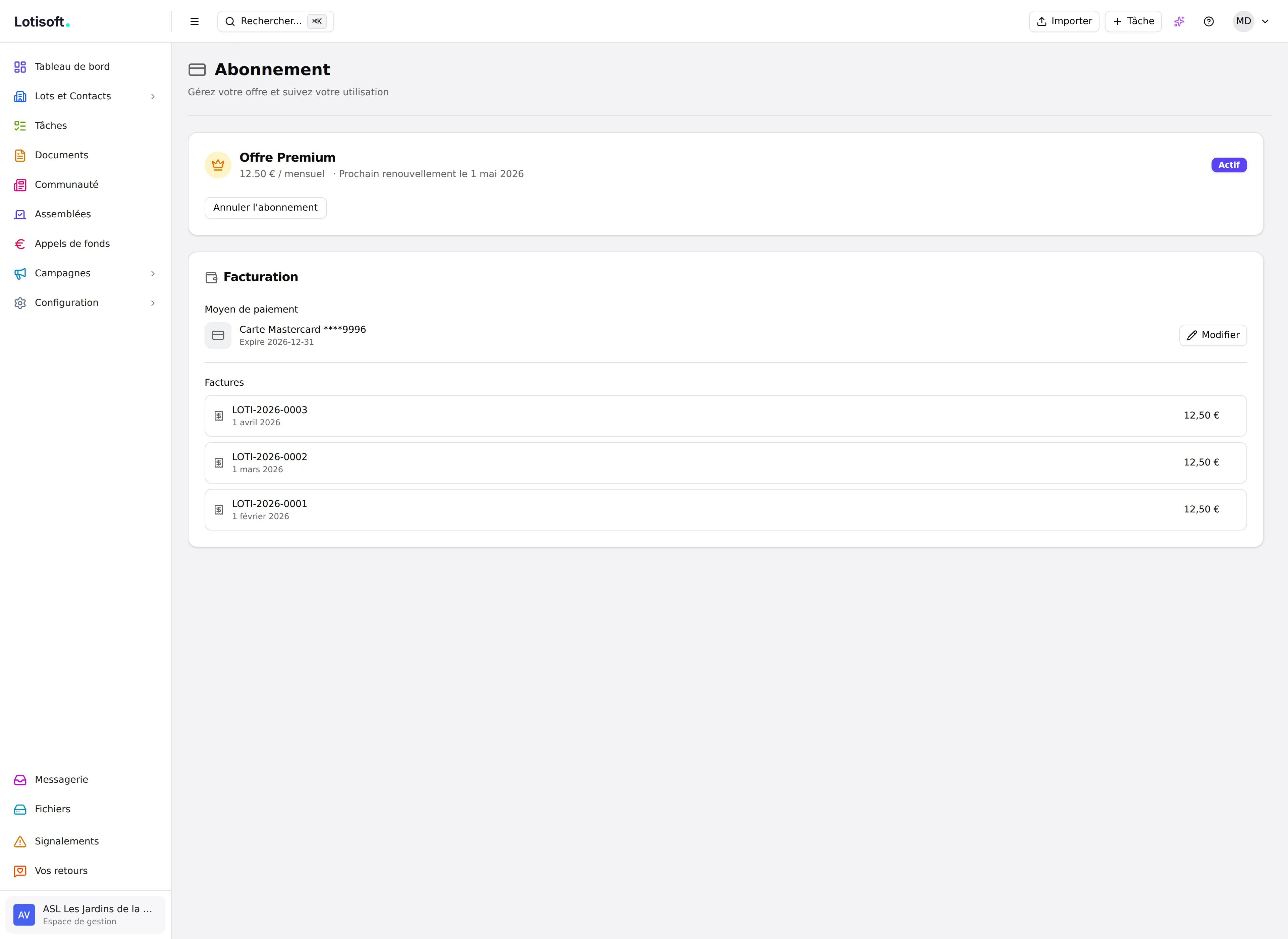 Espace abonnement Lotisoft — gestion de la facturation par copropriété