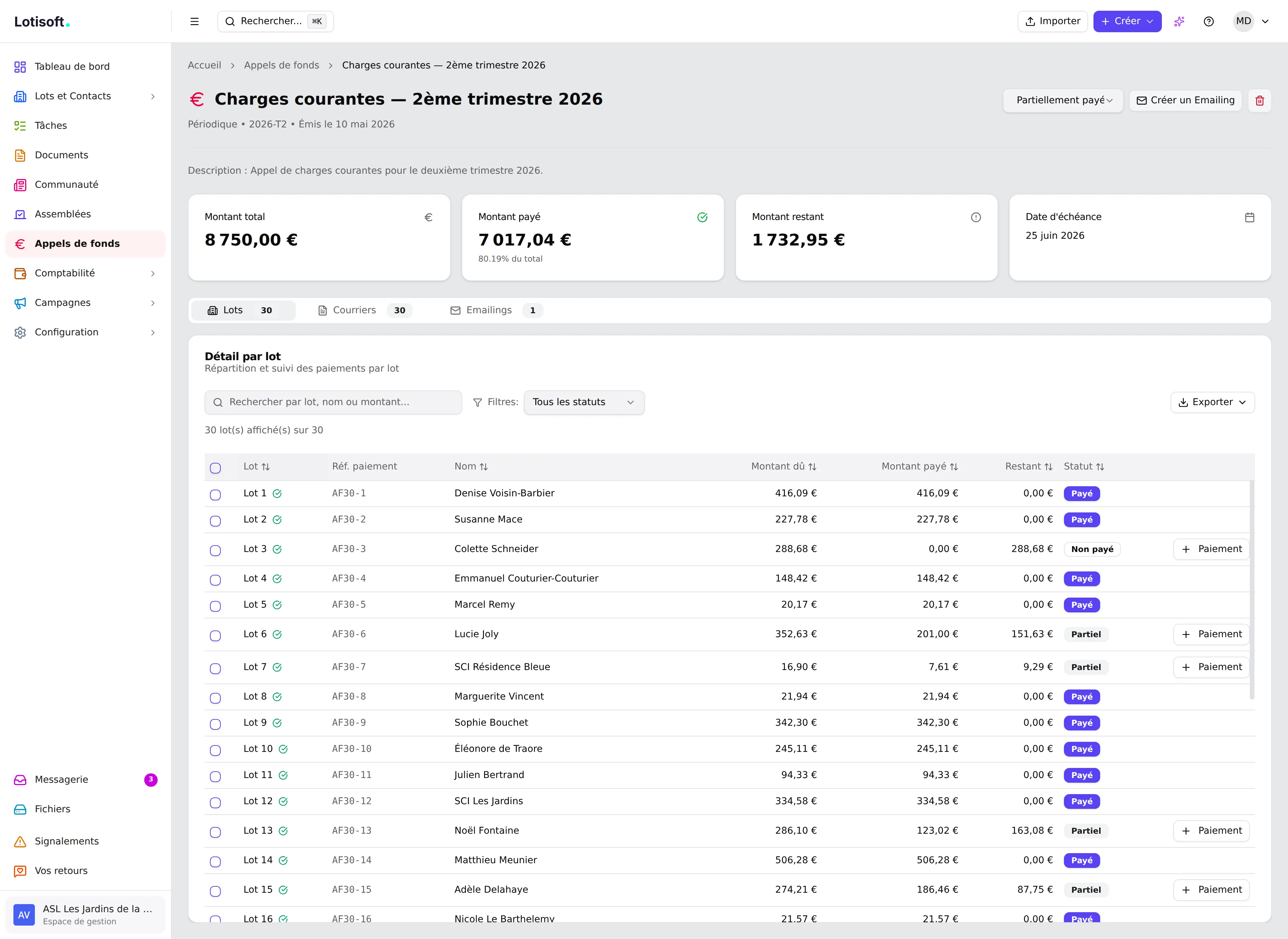 Fiche d'un appel de fonds de travaux avec répartition par lot dans Lotisoft