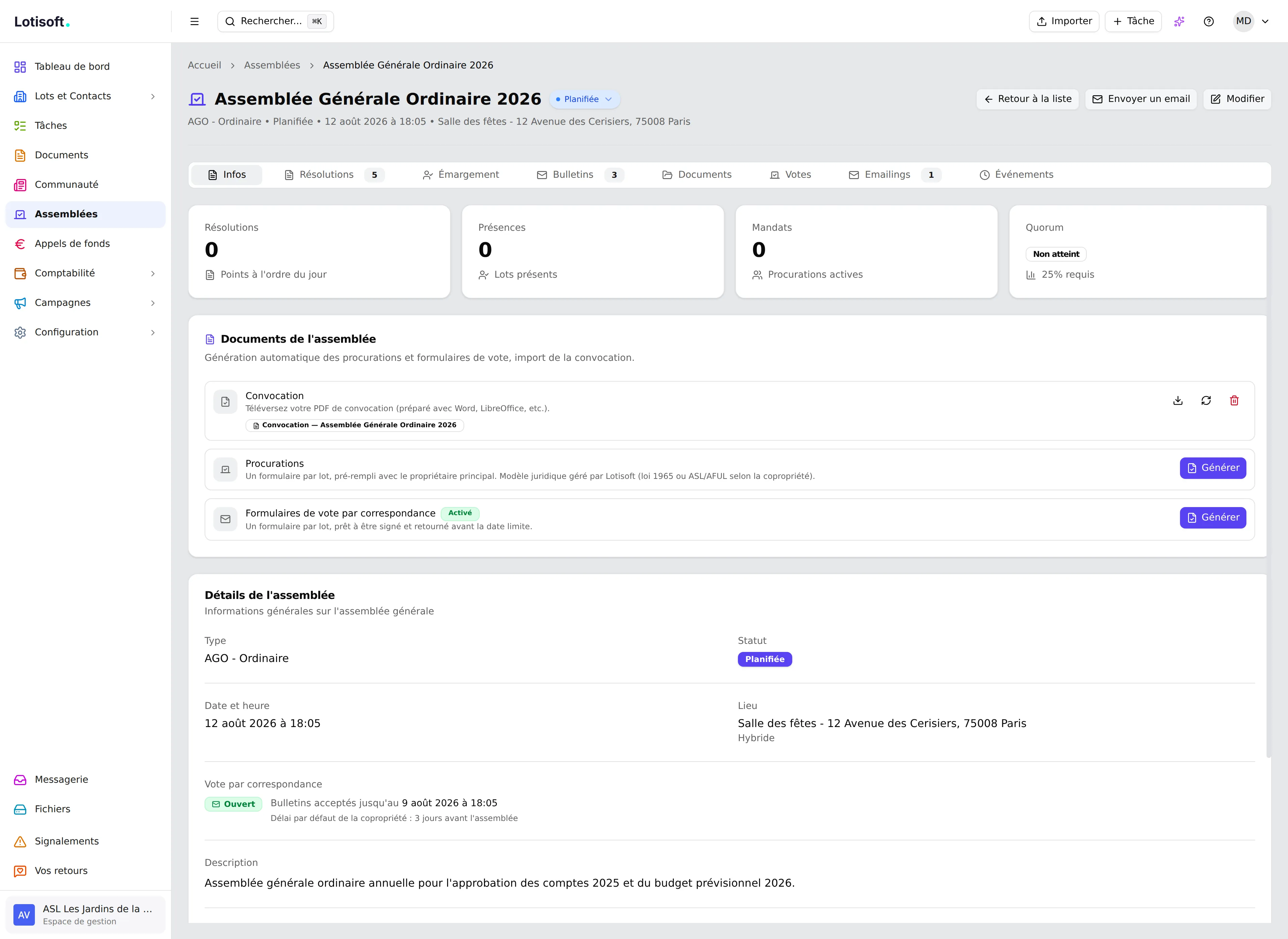 Carte « Documents de l'assemblée » sur la fiche meeting — convocation, procurations, vote par correspondance
