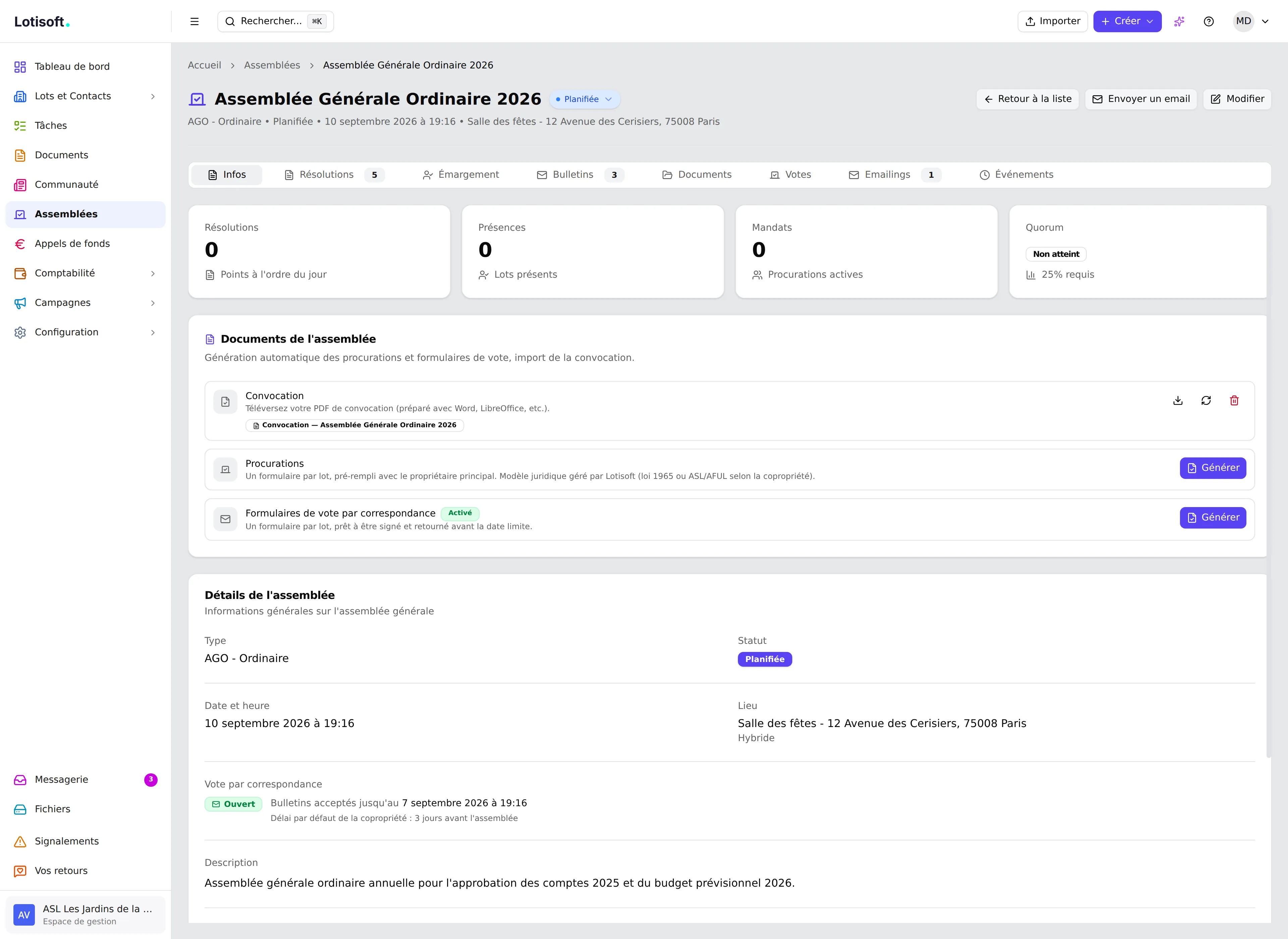 Carte « Documents de l'assemblée » sur la fiche meeting — convocation, procurations, vote par correspondance