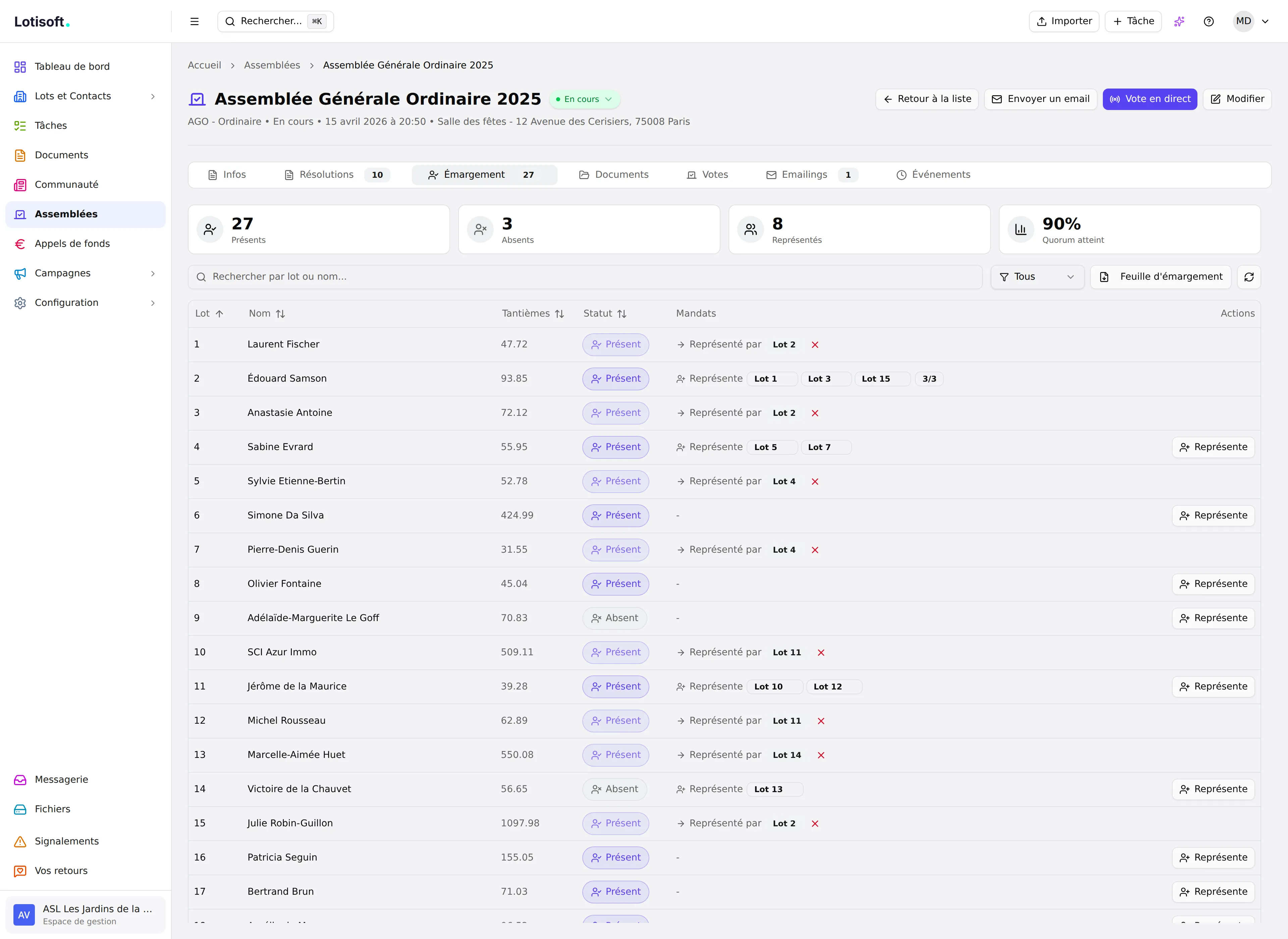 Feuille d'émargement d'une assemblée générale de copropriété dans Lotisoft