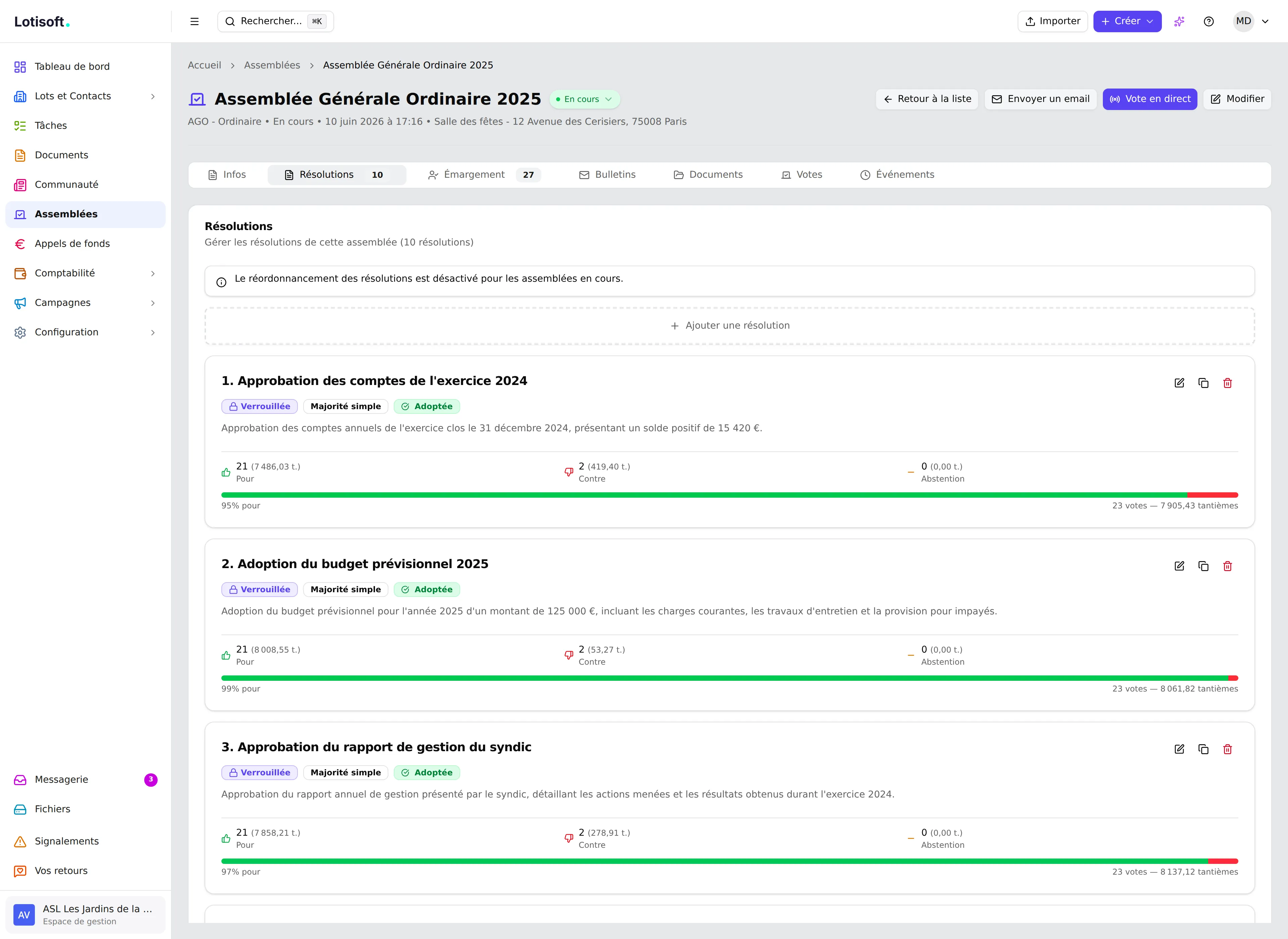 Préparation collégiale des résolutions d'assemblée générale dans Lotisoft