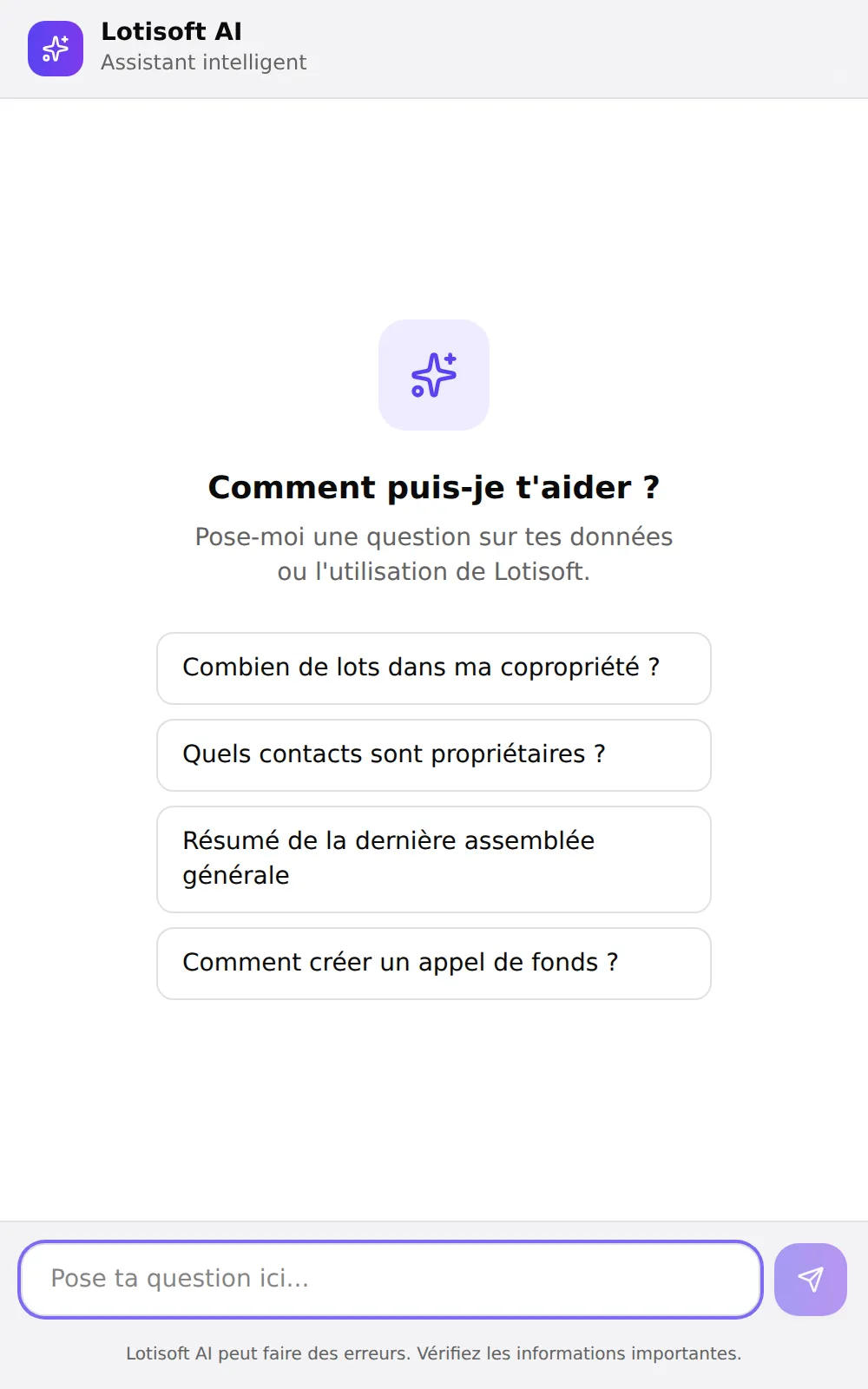 Lotisoft AI — écran d'accueil avec suggestions de questions