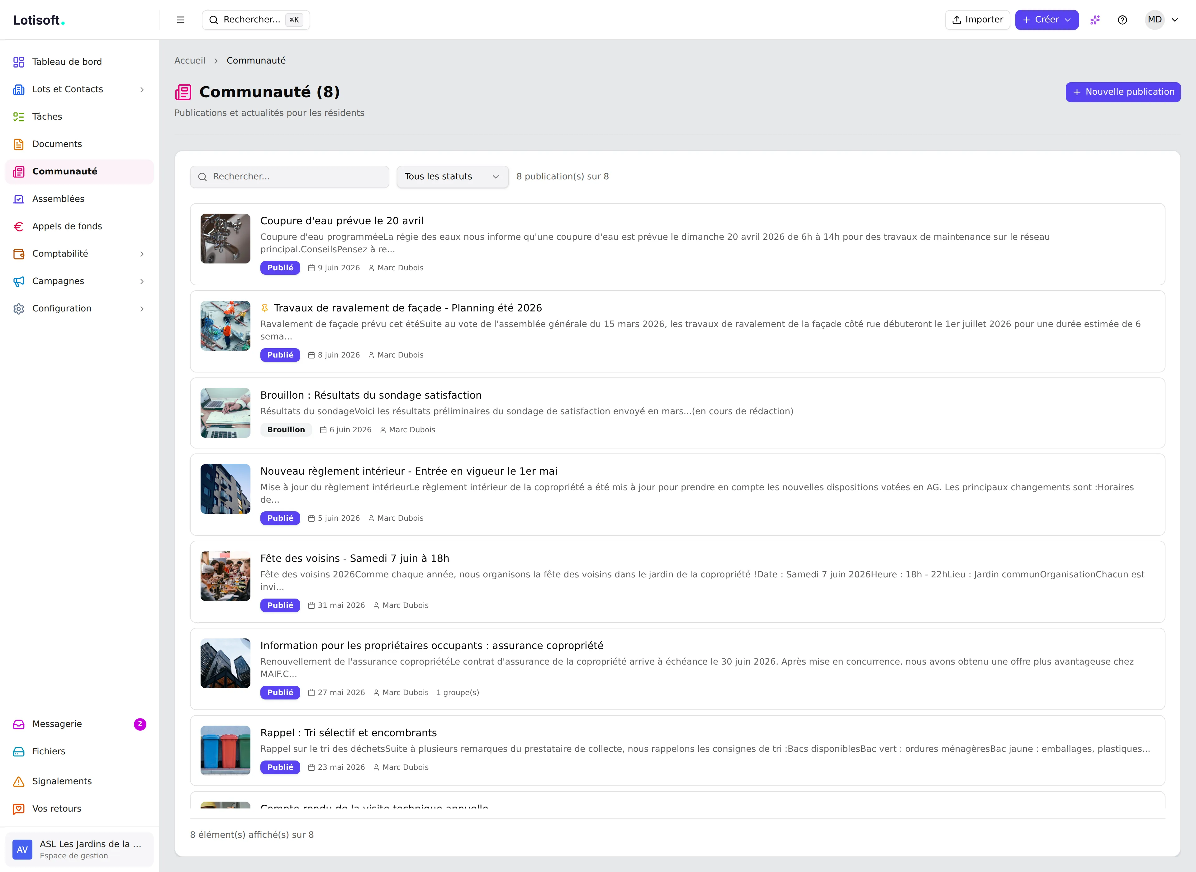 Liste des publications communautaires côté gestionnaire