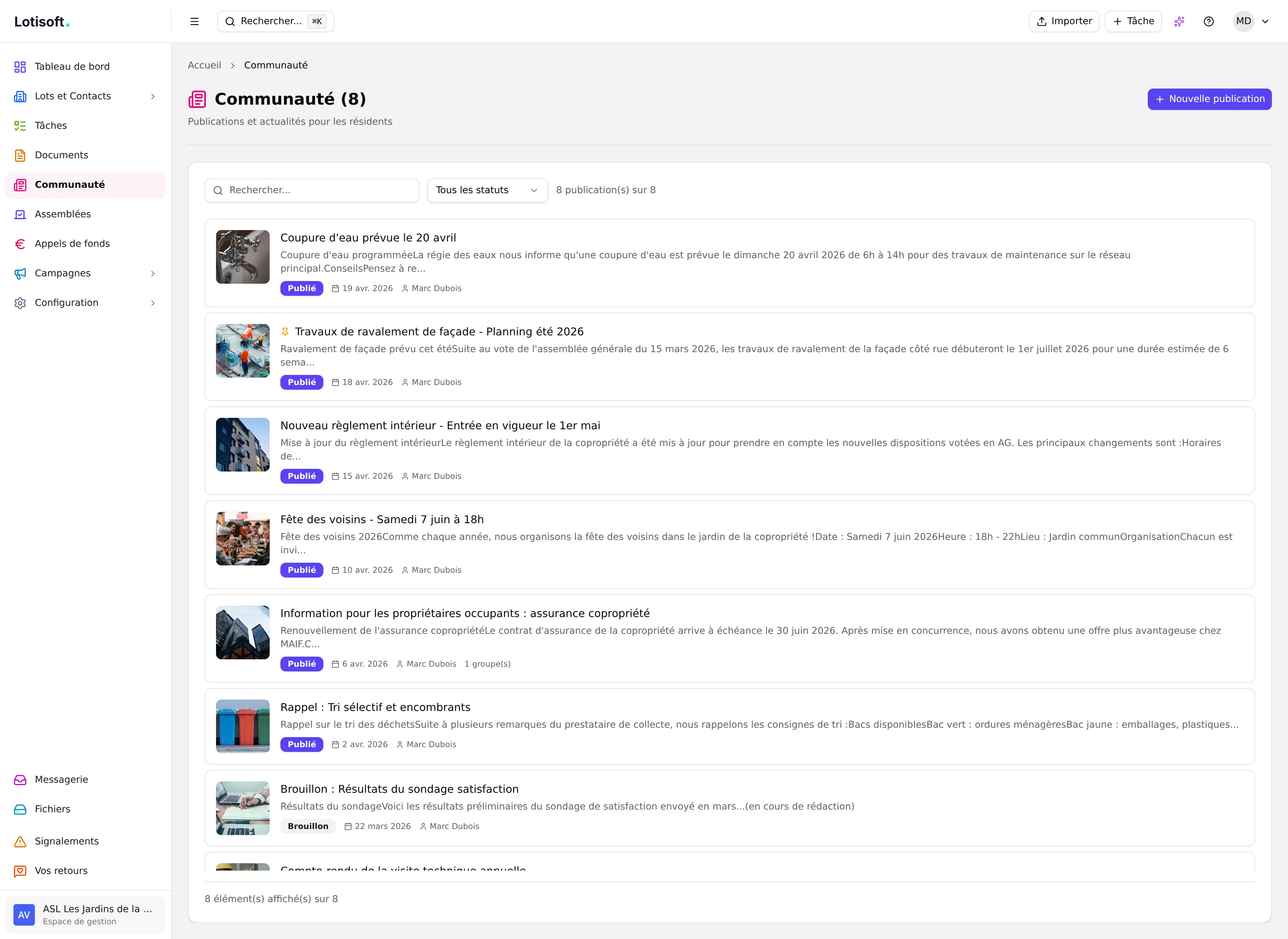 Liste des publications communautaires côté gestionnaire