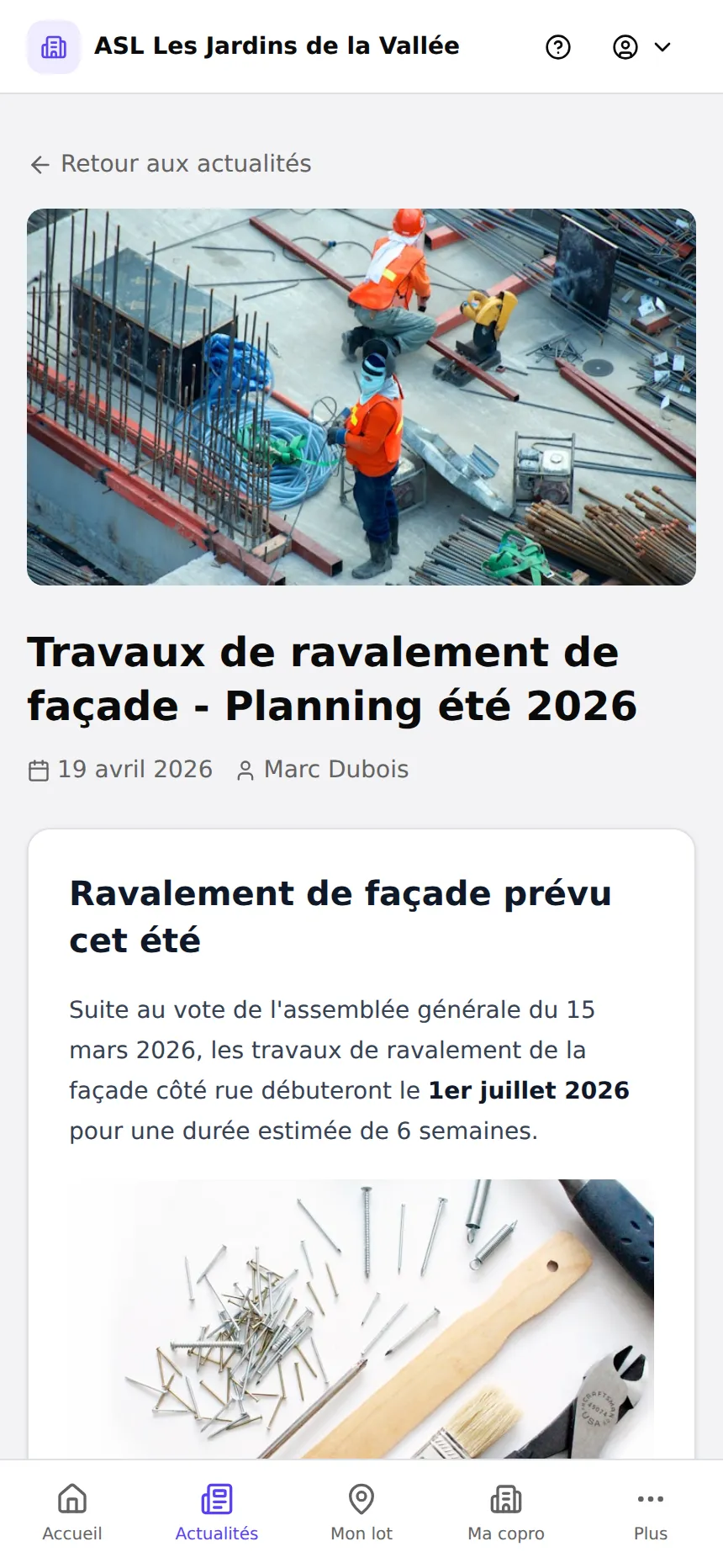 Détail d'une actualité dans l'espace résident