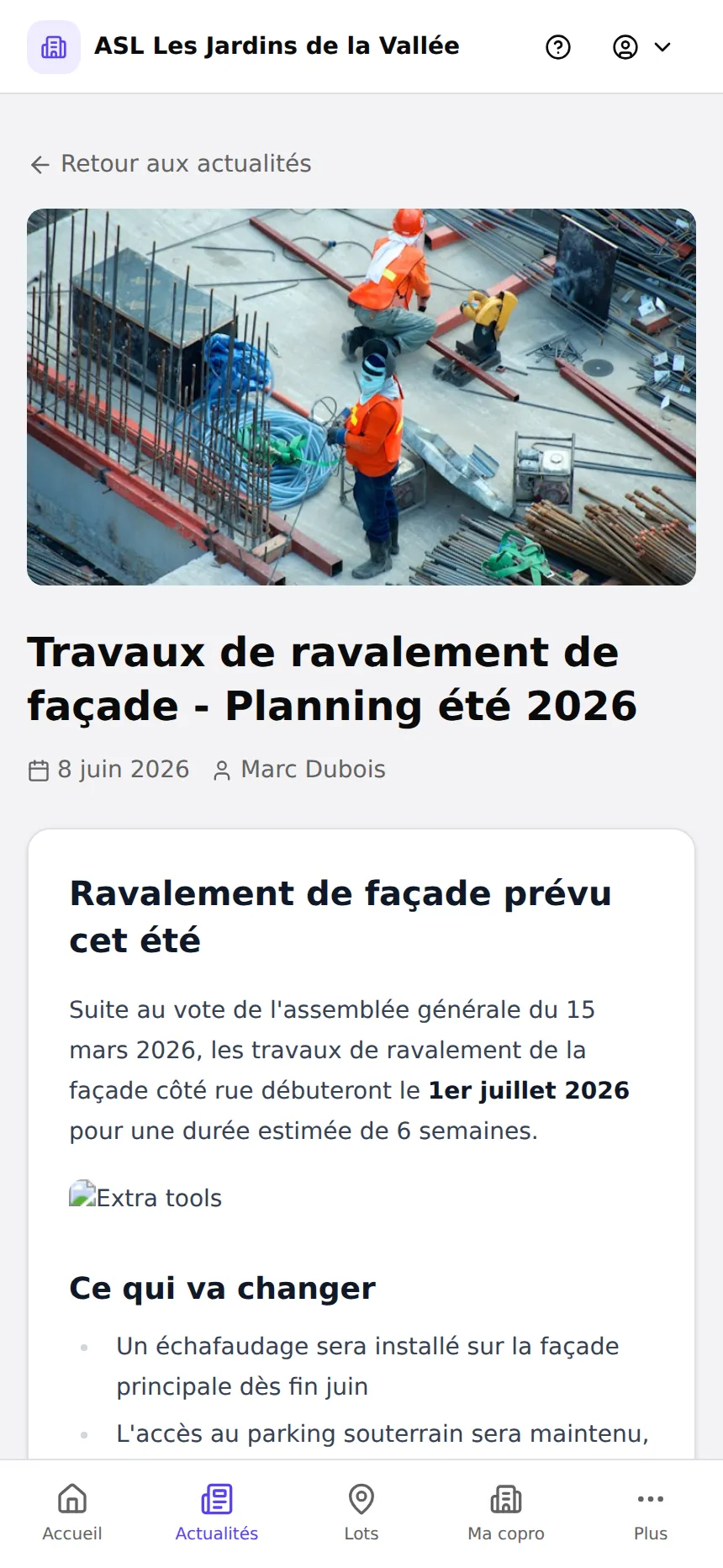 Détail d'une actualité dans l'espace résident