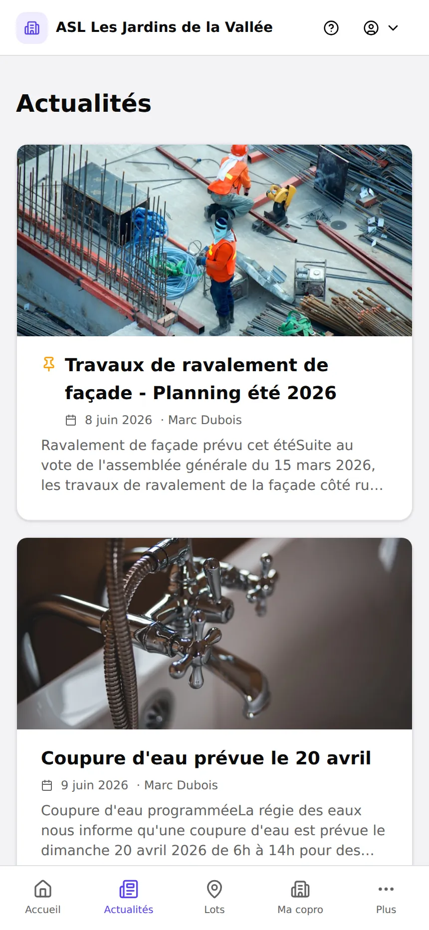Flux d'actualités dans l'espace résident