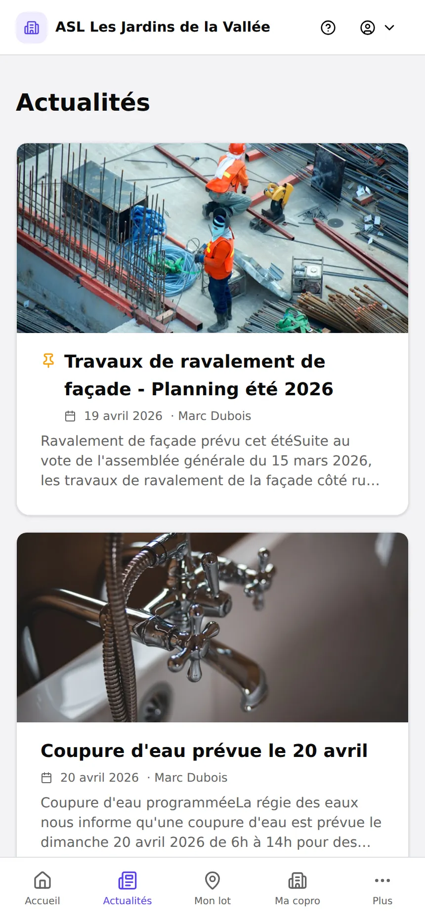 Flux d'actualités dans l'espace résident