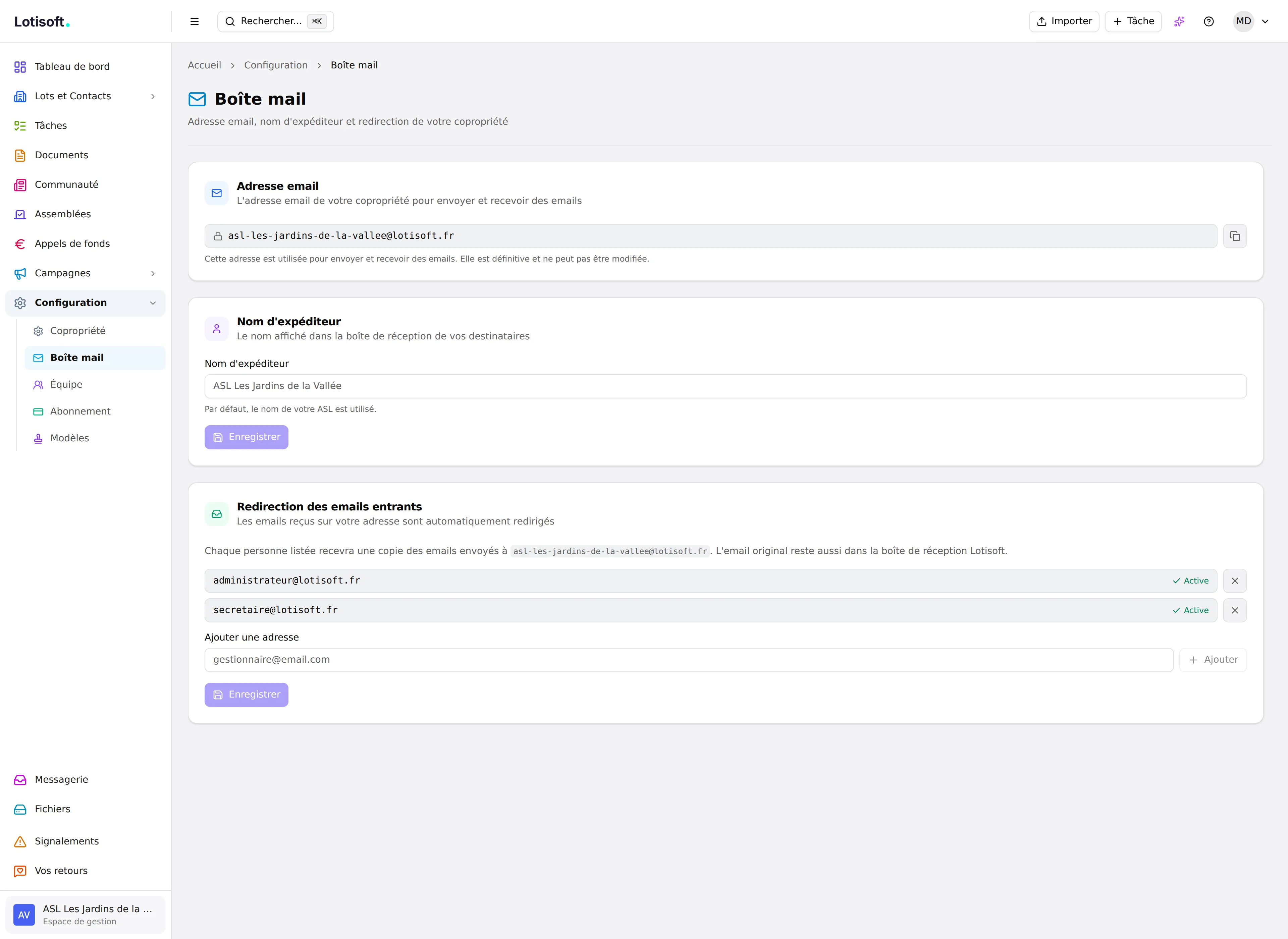 Configuration — Boîte mail