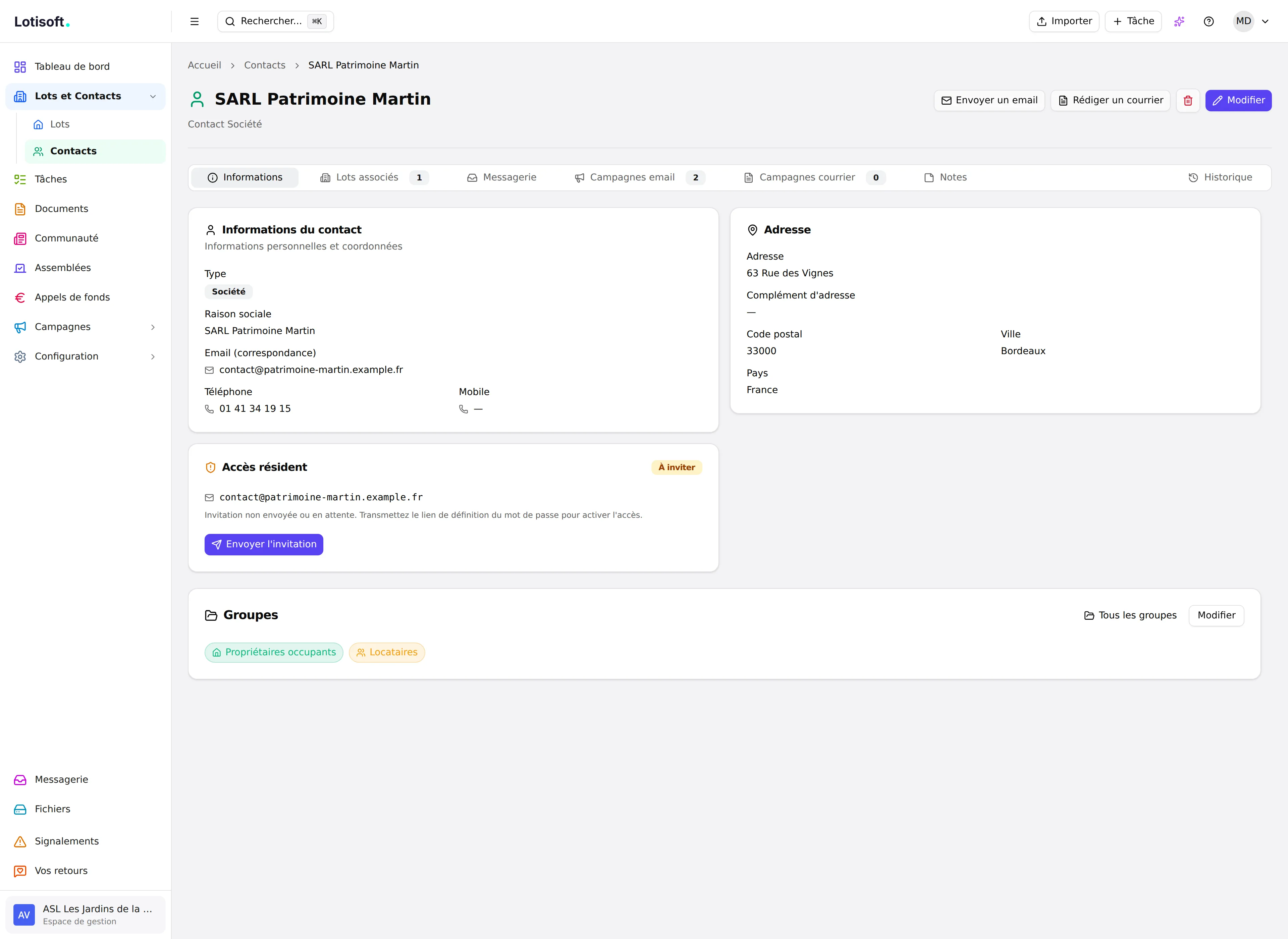 Fiche détaillée d'un contact de copropriété