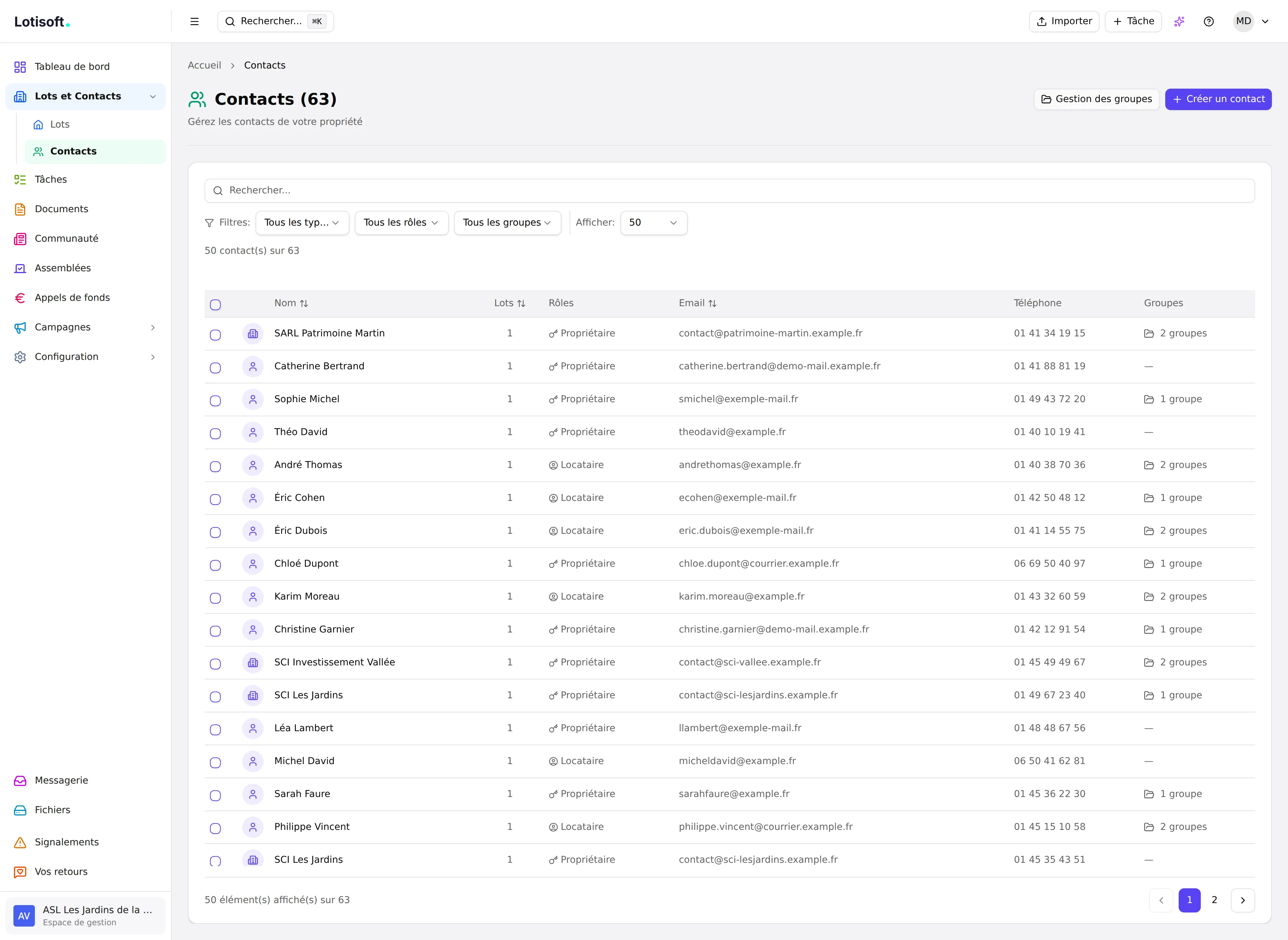 Filtrage des contacts par groupe