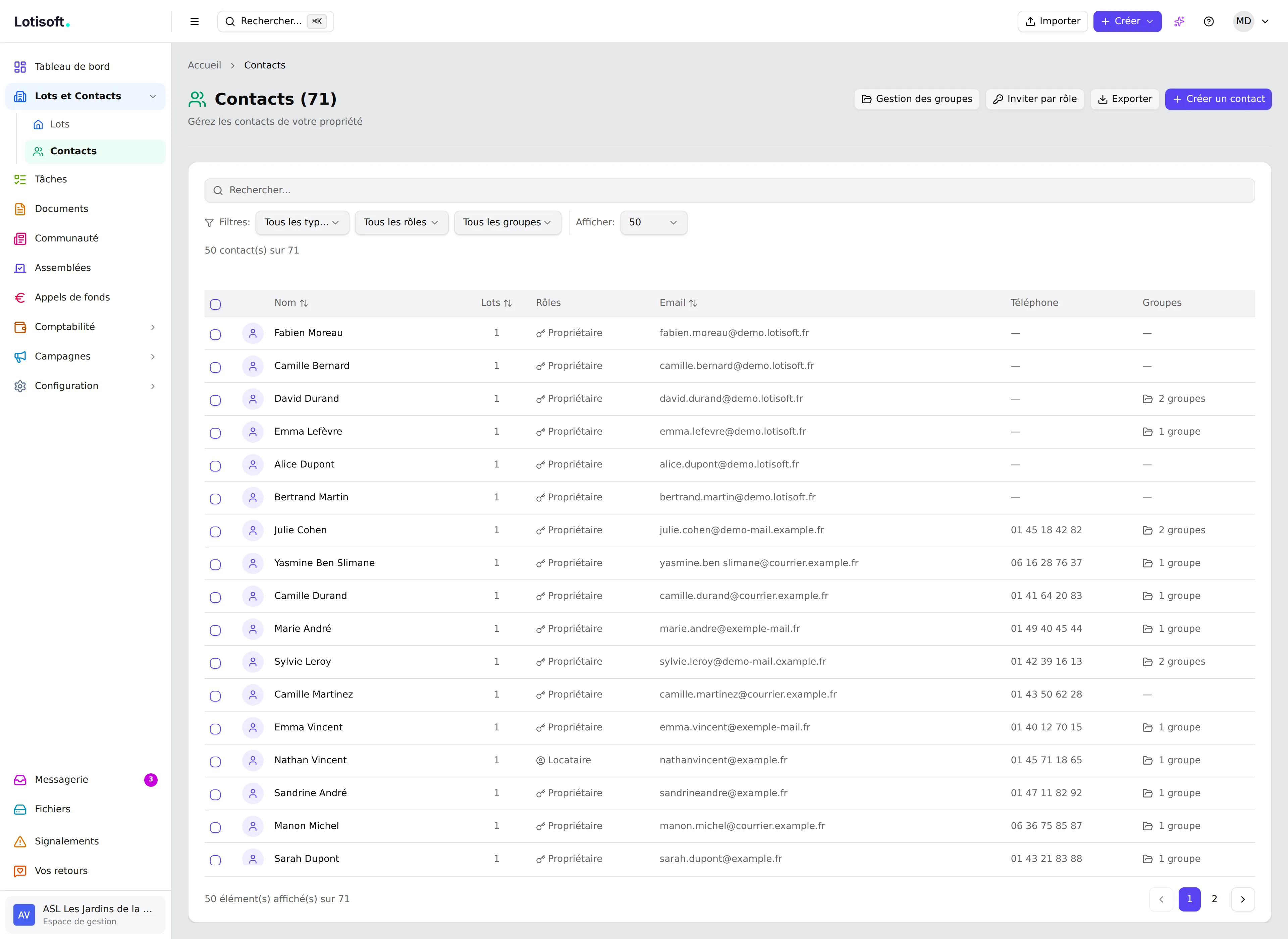 Filtrage des contacts par groupe