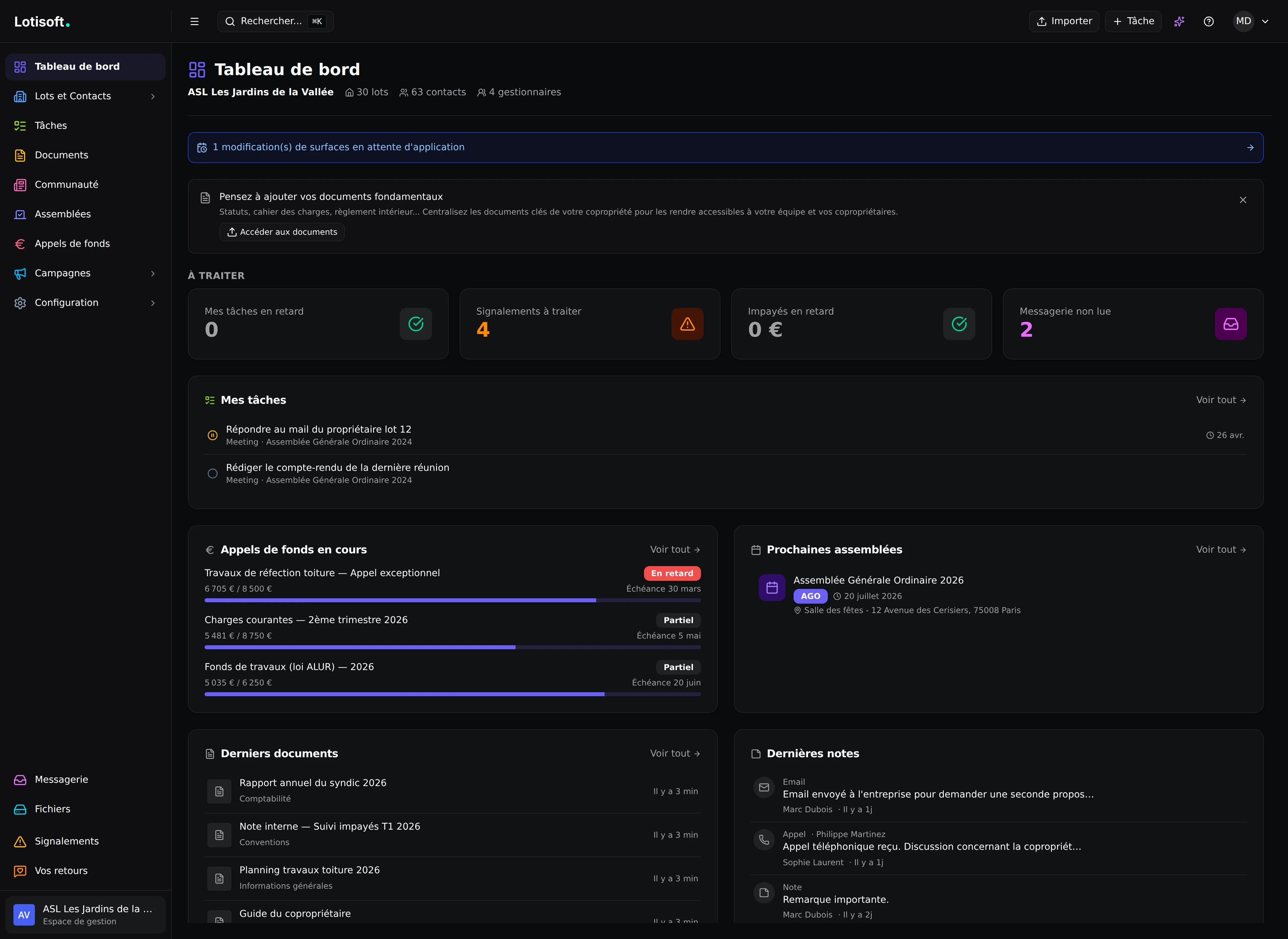 Tableau de bord Lotisoft — mode sombre