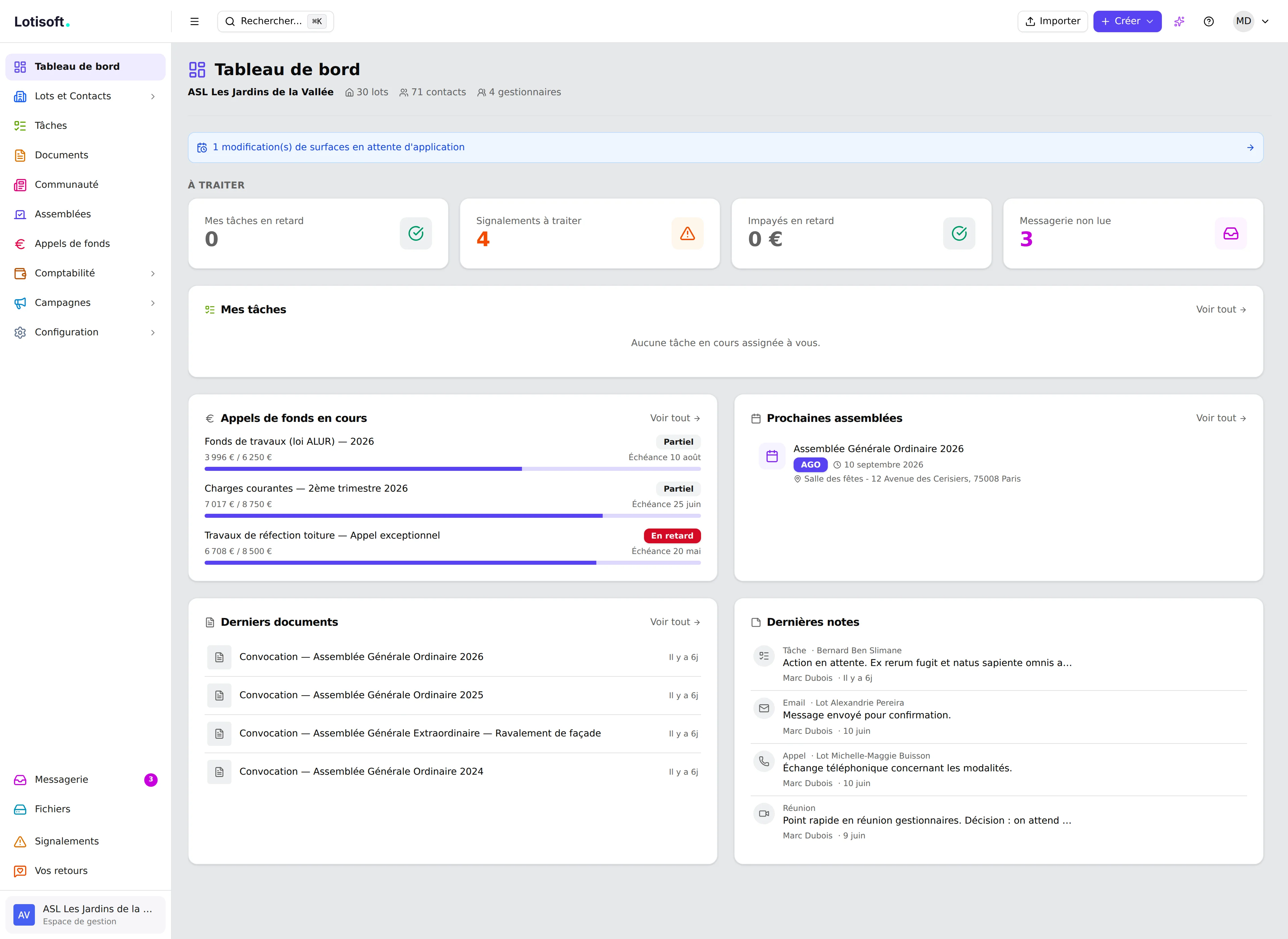 Tableau de bord Lotisoft — mode clair