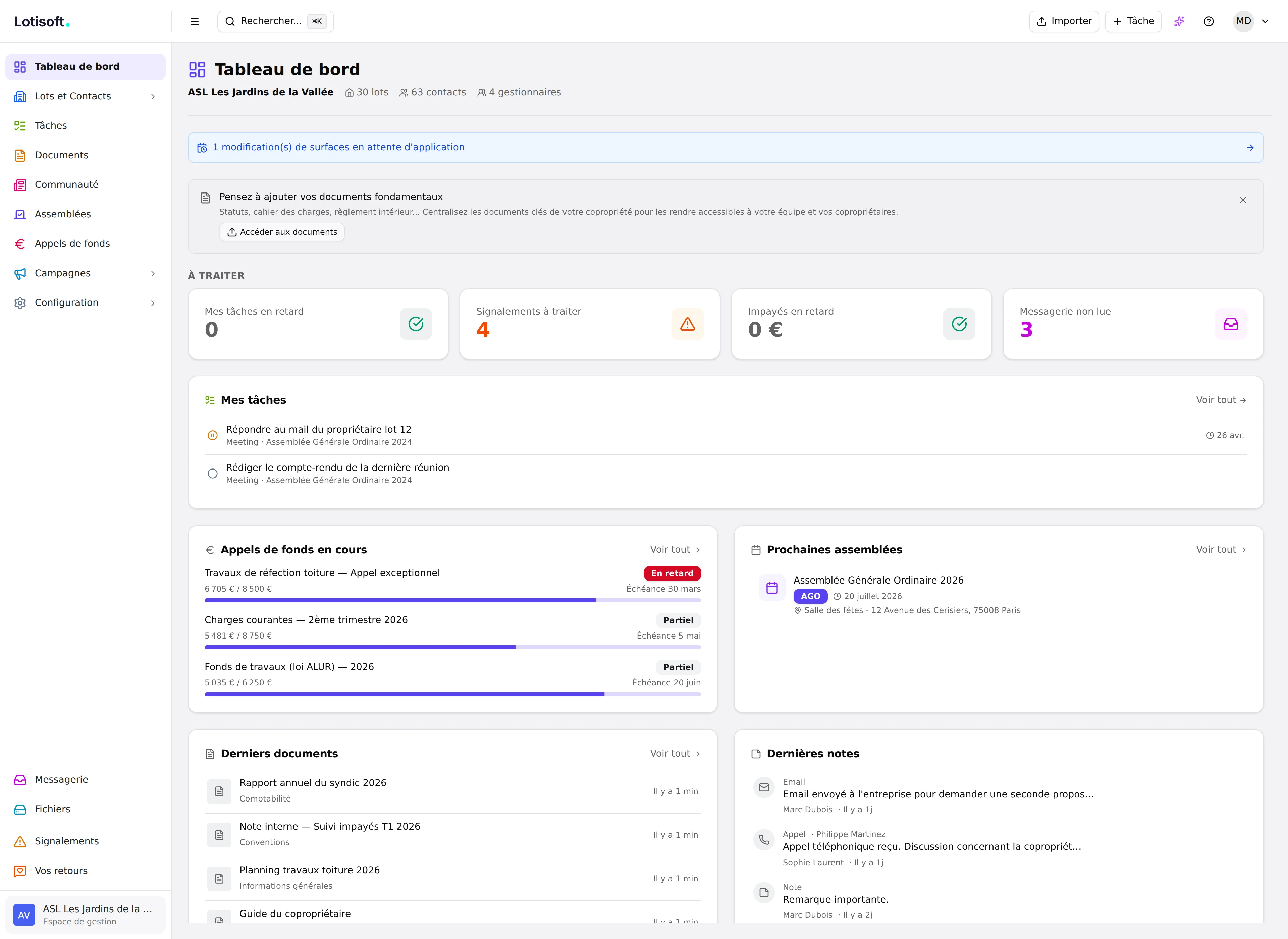Tableau de bord Lotisoft — mode clair