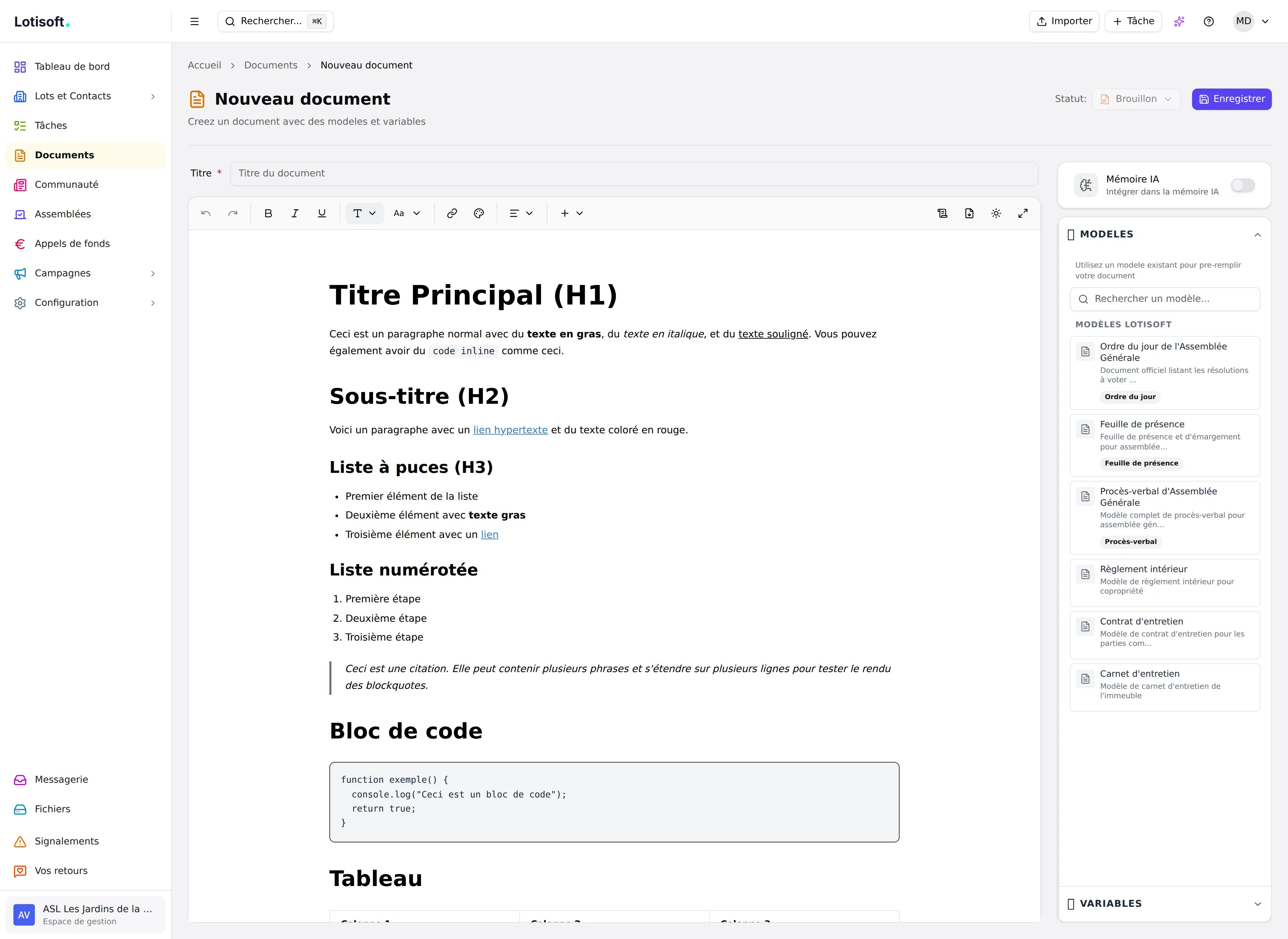 Éditeur de documents avec variables dynamiques