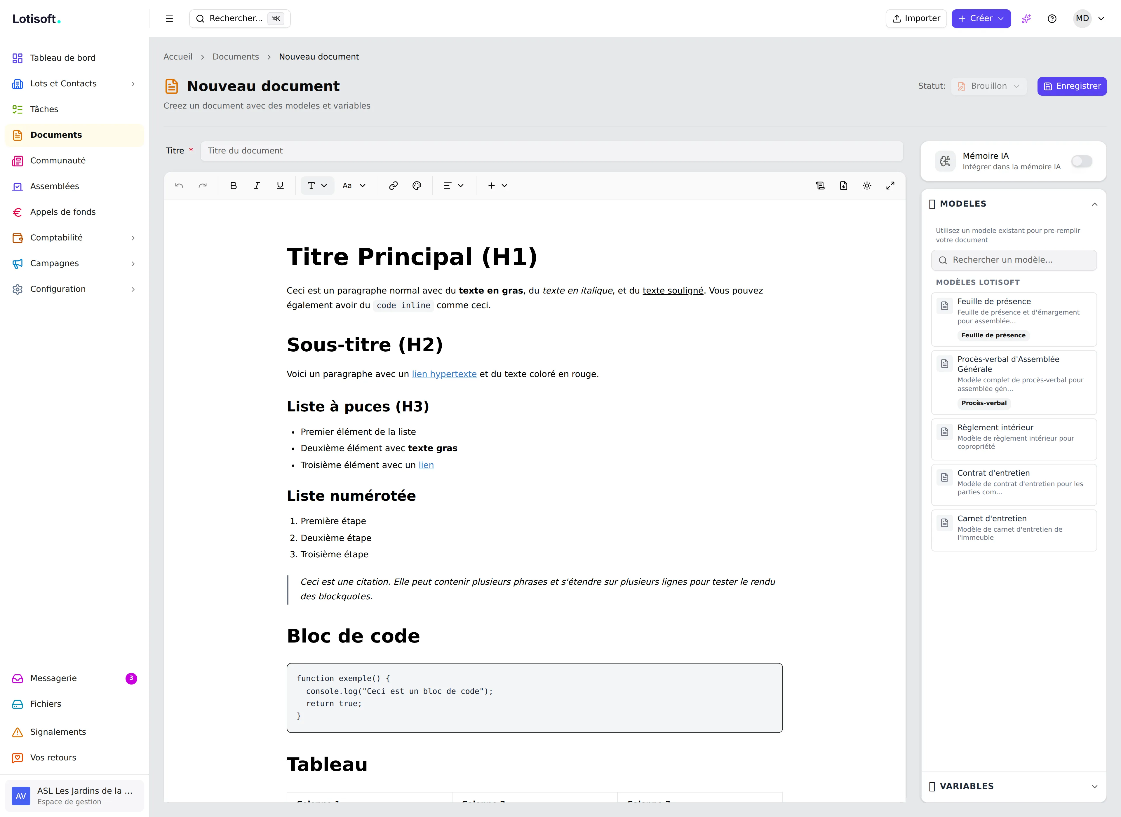 Éditeur de documents avec variables dynamiques