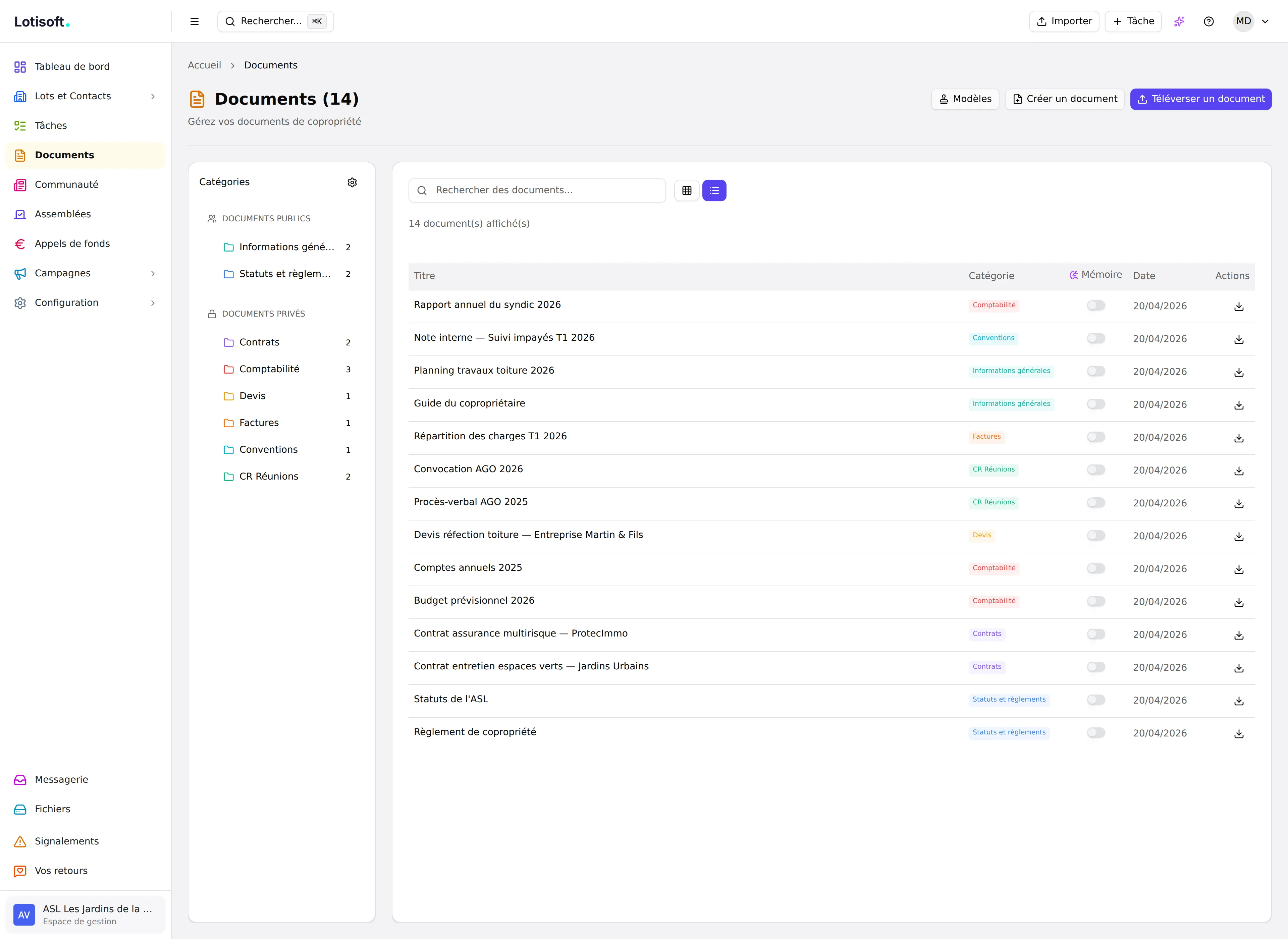Bibliothèque de documents d'une copropriété dans Lotisoft