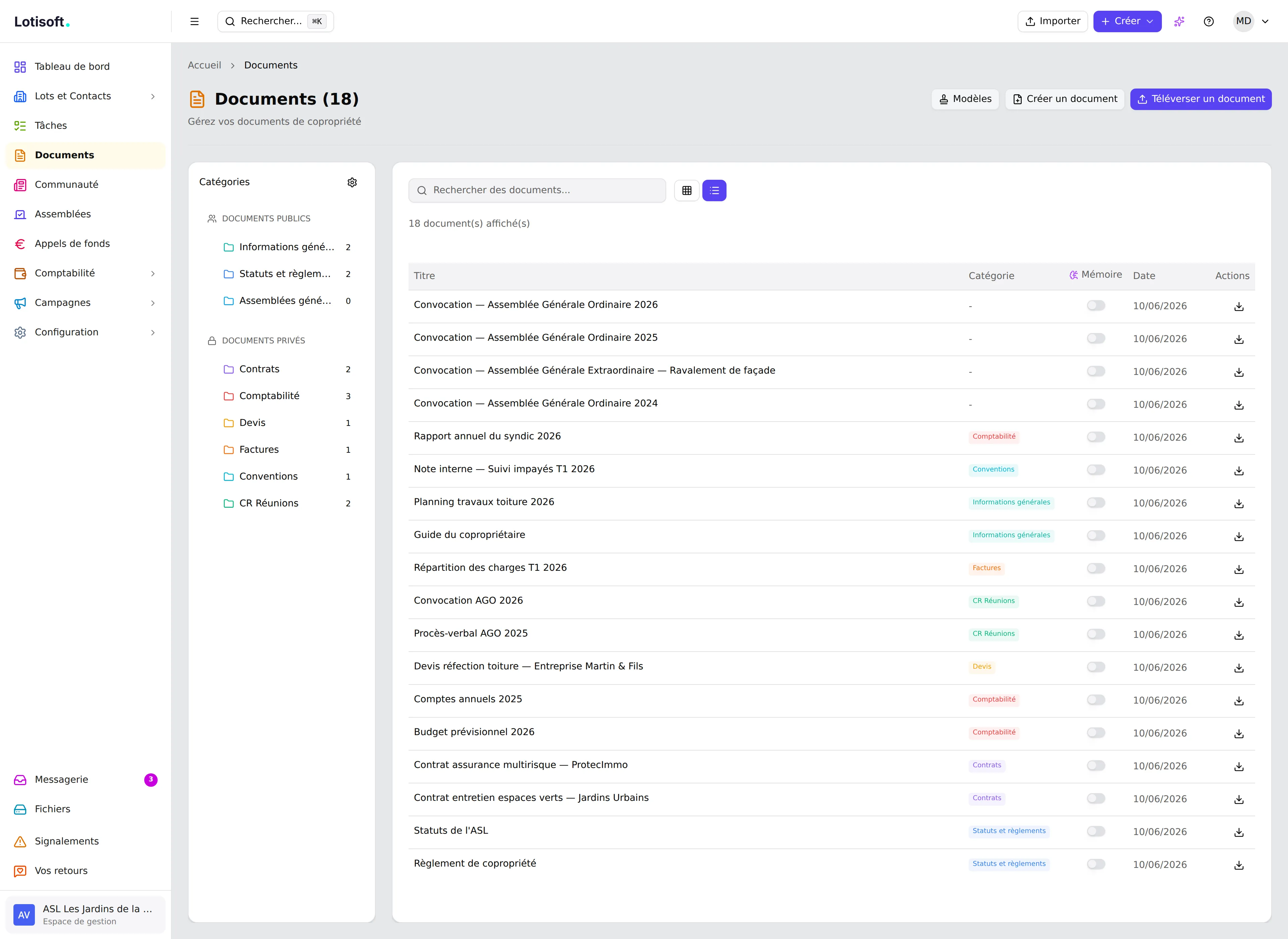 Bibliothèque de documents d'une copropriété dans Lotisoft