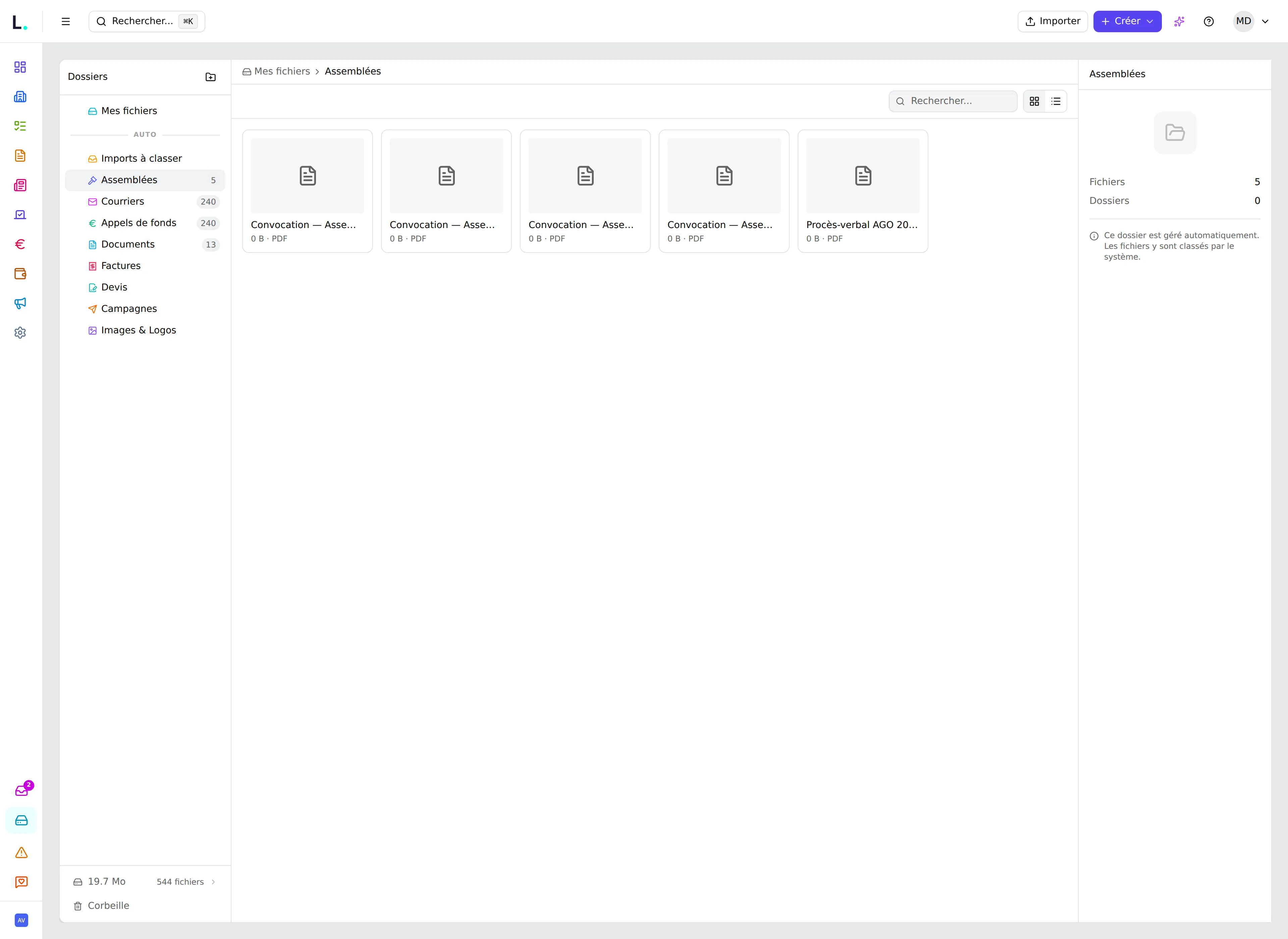 Espace Fichiers d'une AFUL avec dossiers de travaux dans Lotisoft