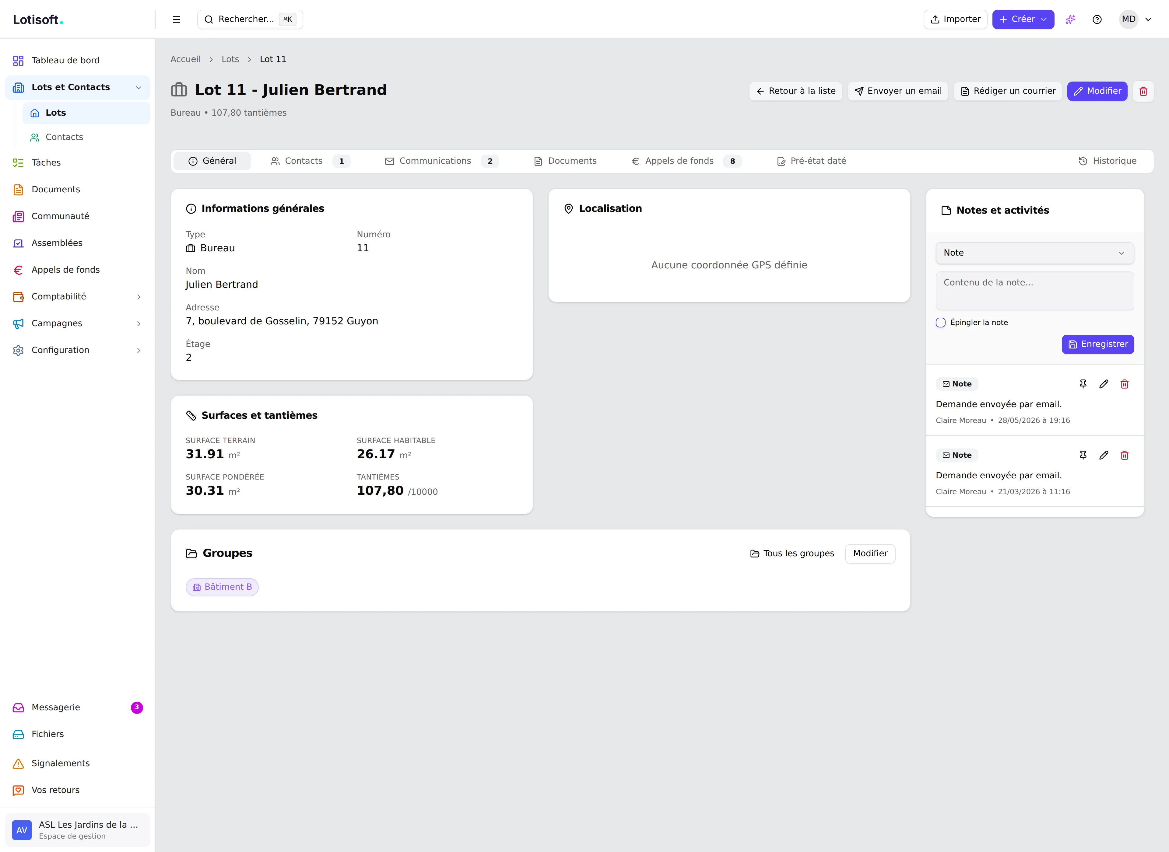 Fiche détaillée d'un lot en volume dans Lotisoft
