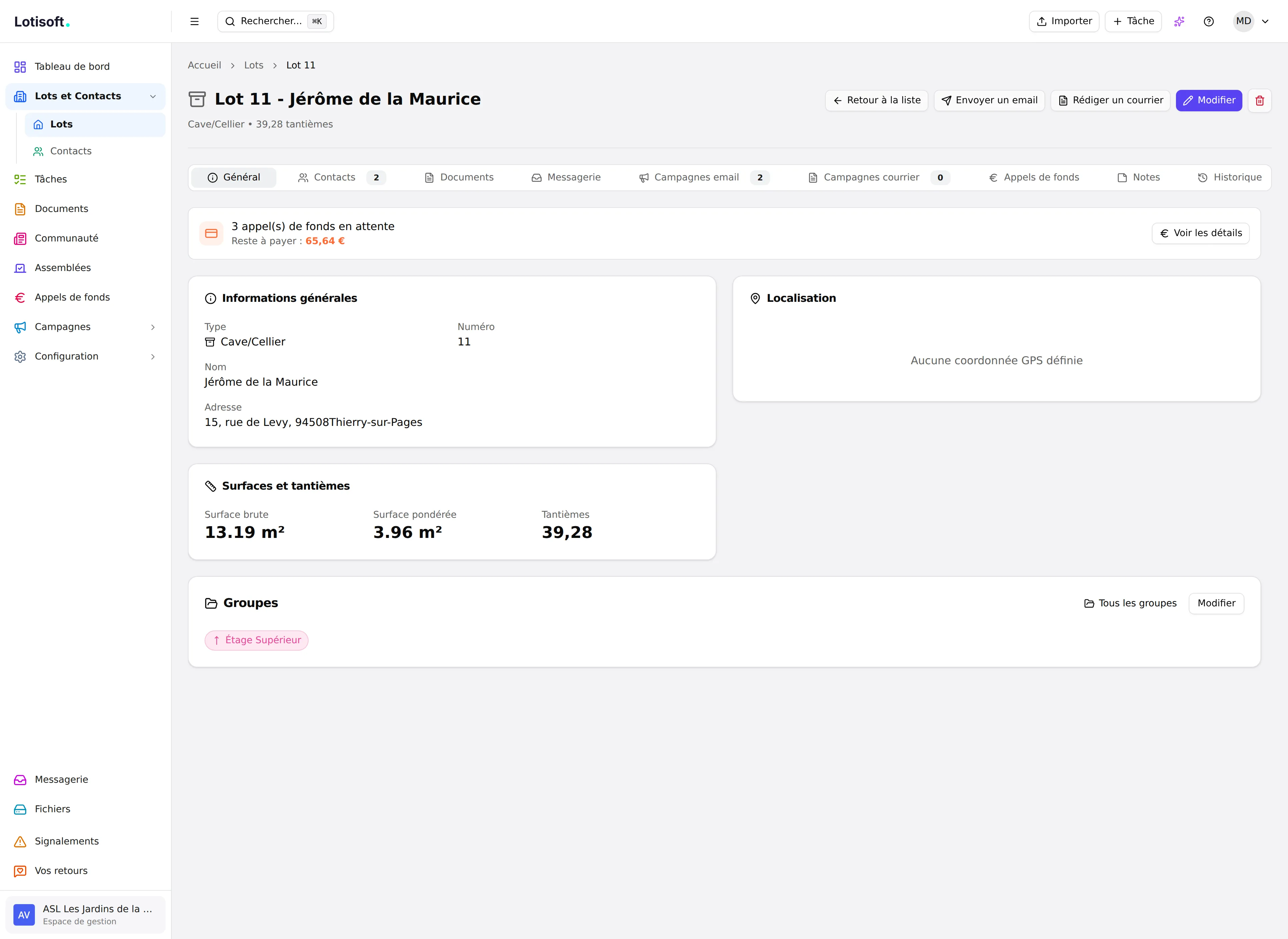Fiche détaillée d'un lot avec onglets