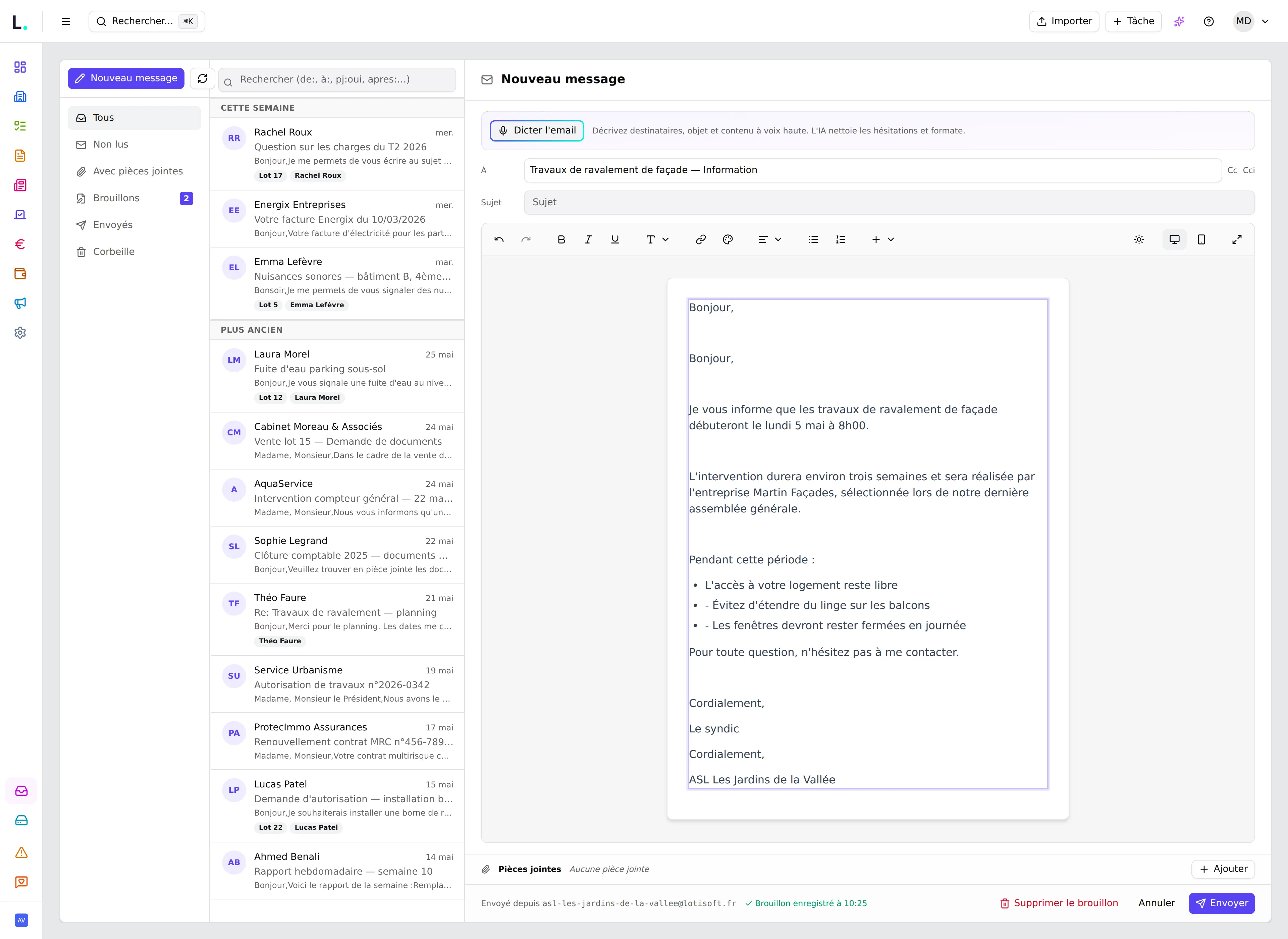 Messagerie Lotisoft — rédaction d'un nouveau message