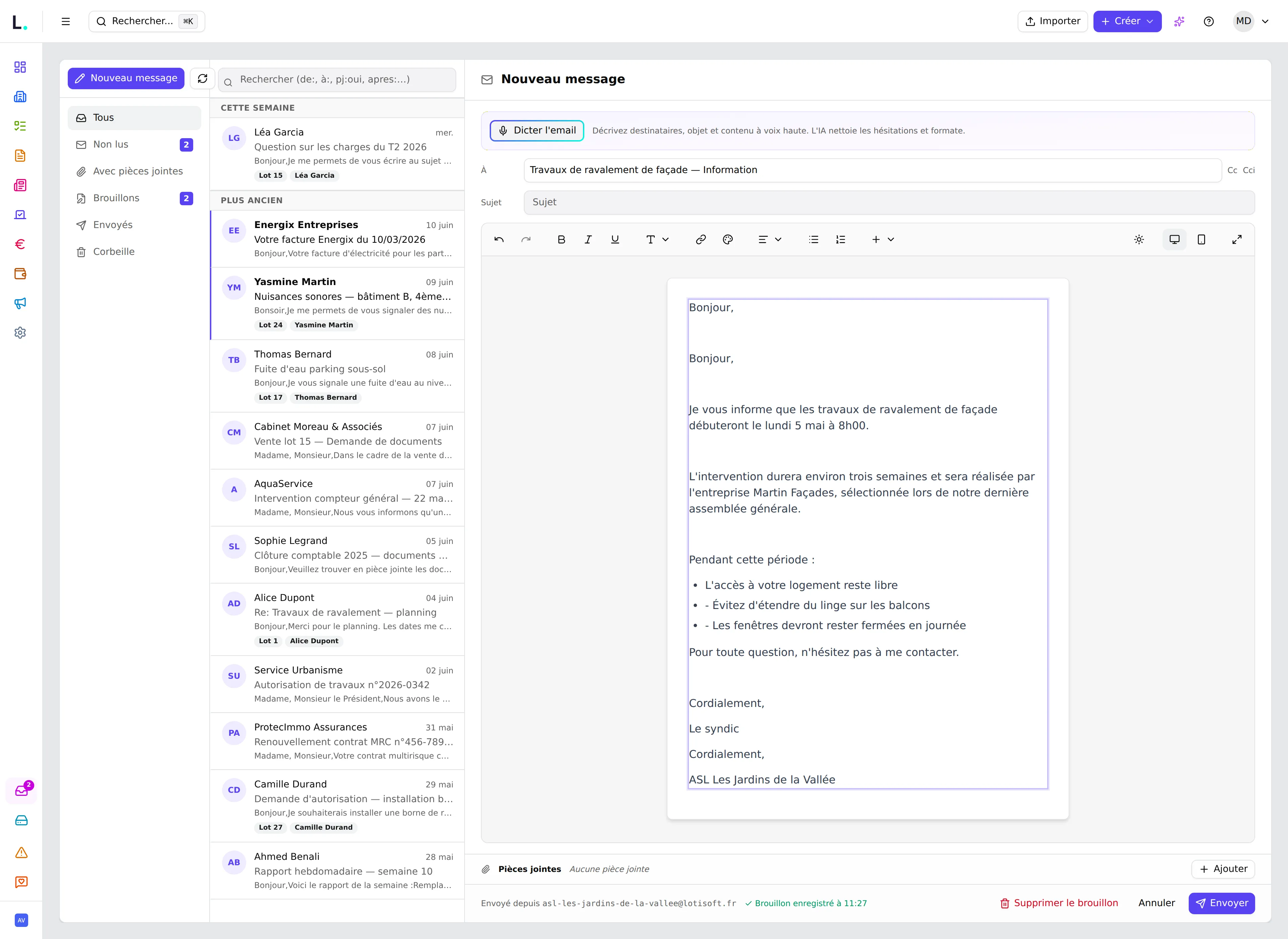 Messagerie Lotisoft — rédaction d'un nouveau message