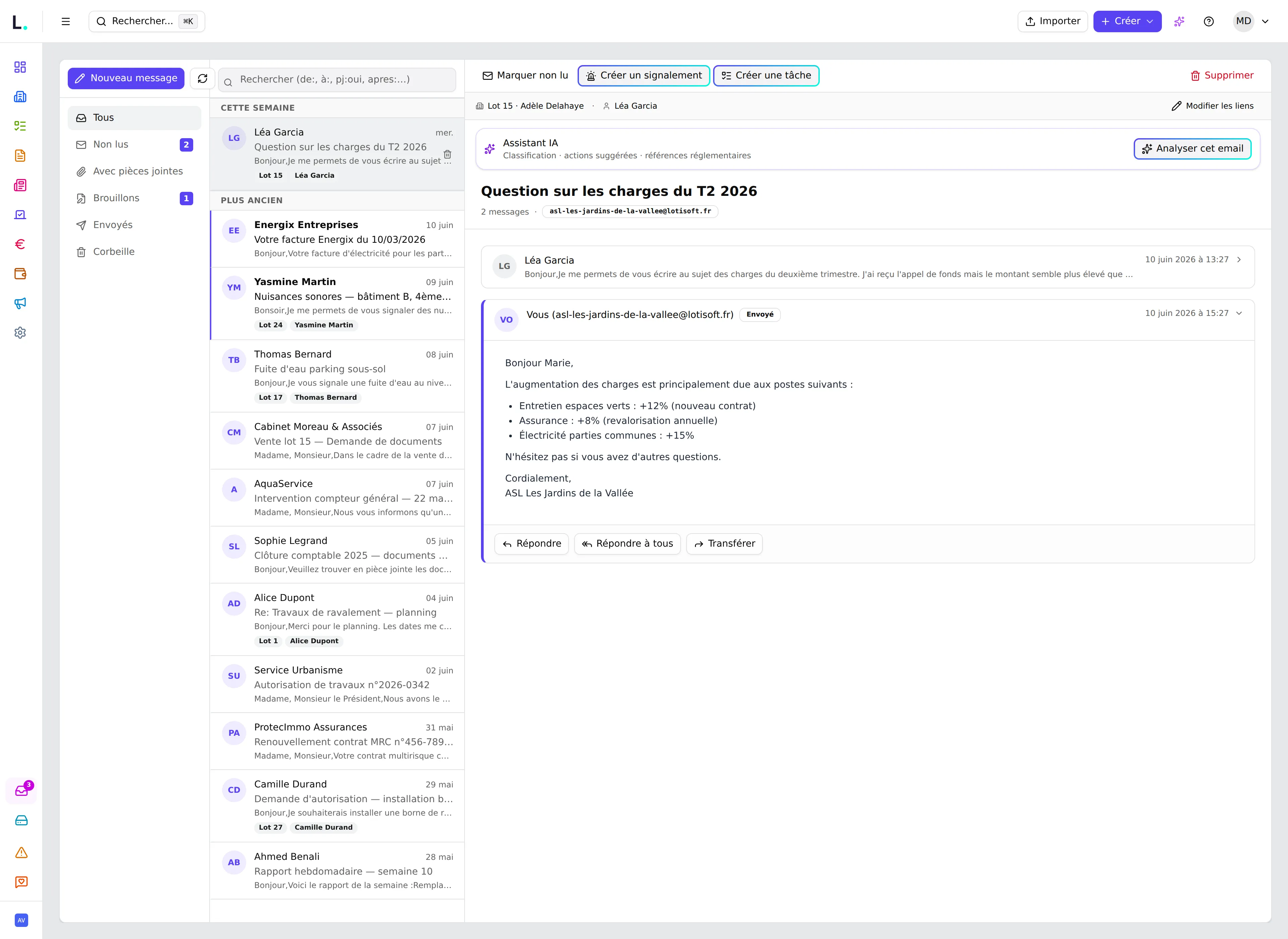 Boîte de réception de l'adresse email dédiée d'une ASL dans Lotisoft