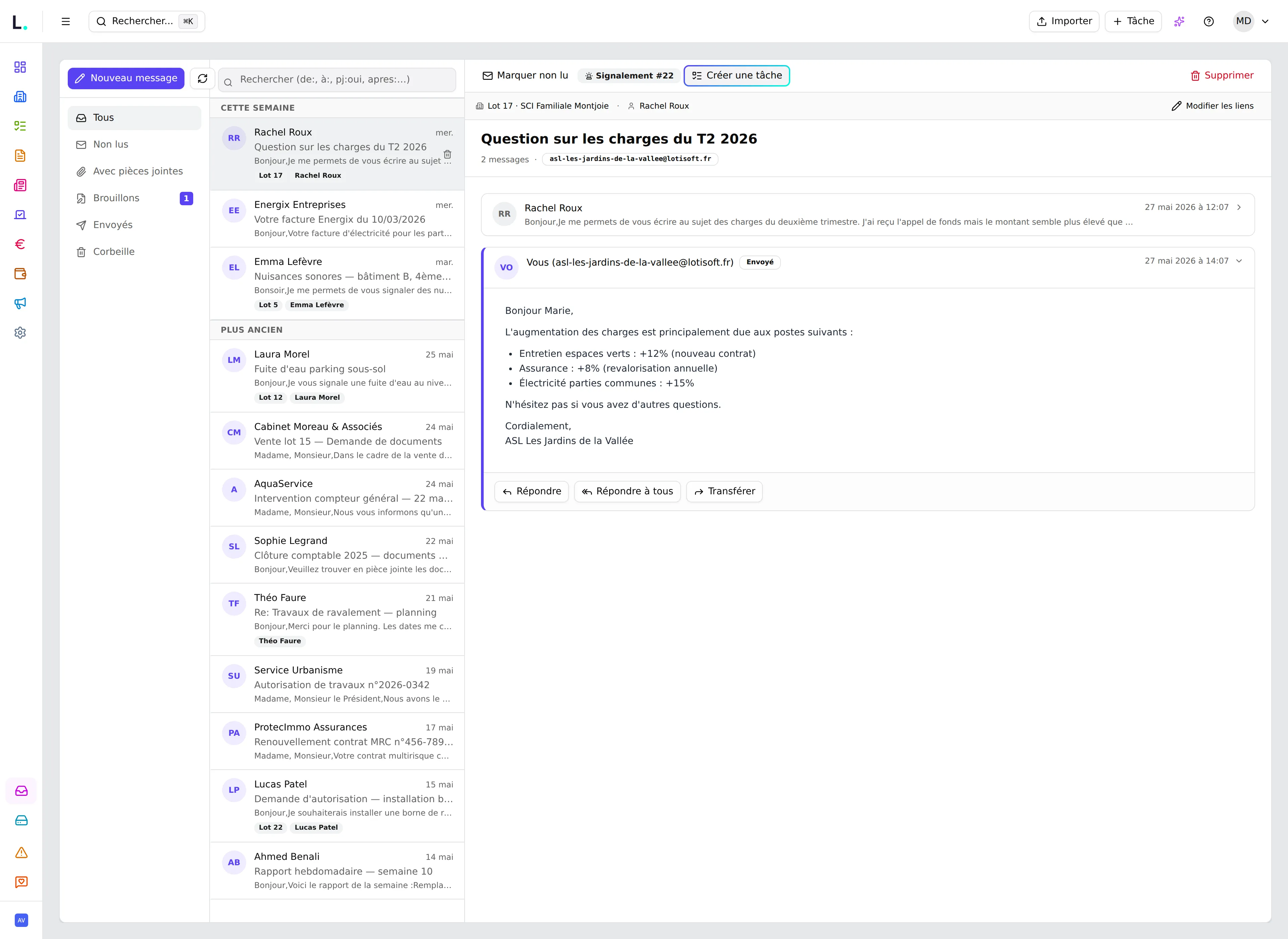 Webmail Lotisoft — boîte de réception dédiée à la copropriété