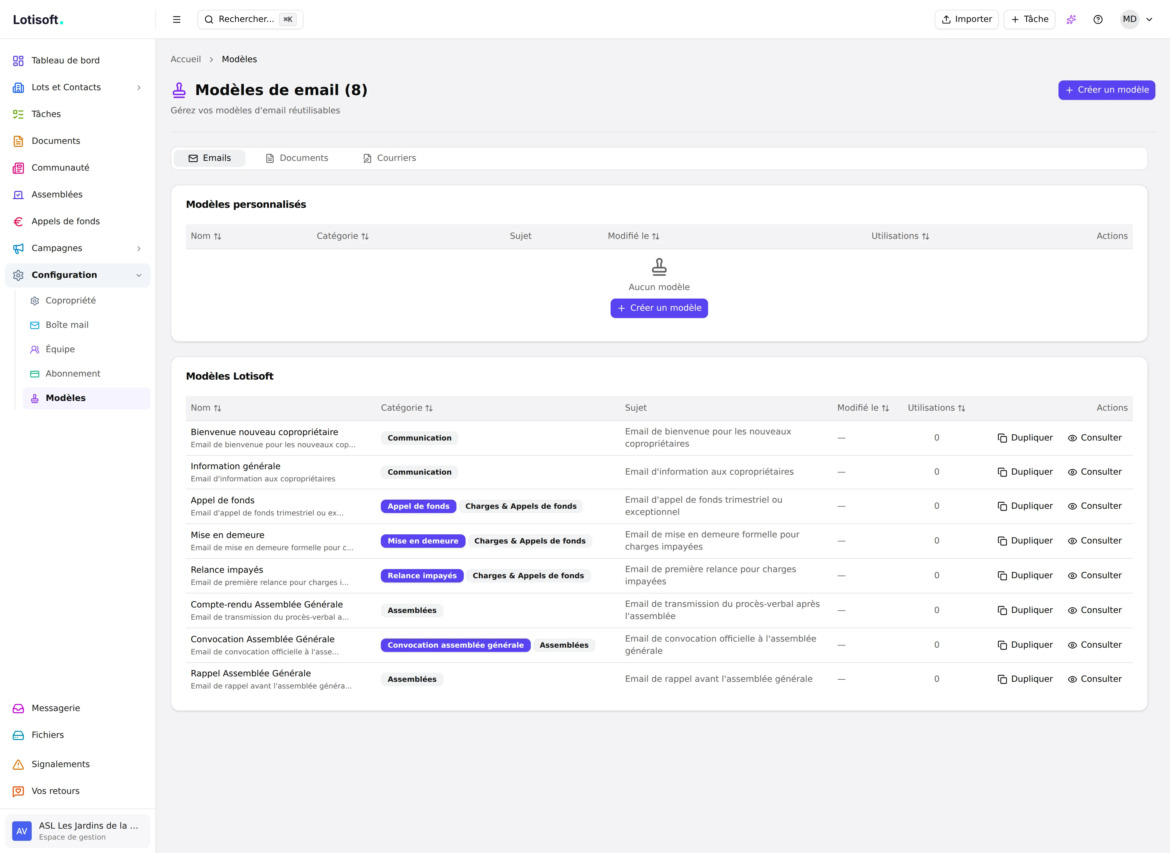 Liste des modèles de documents et emails