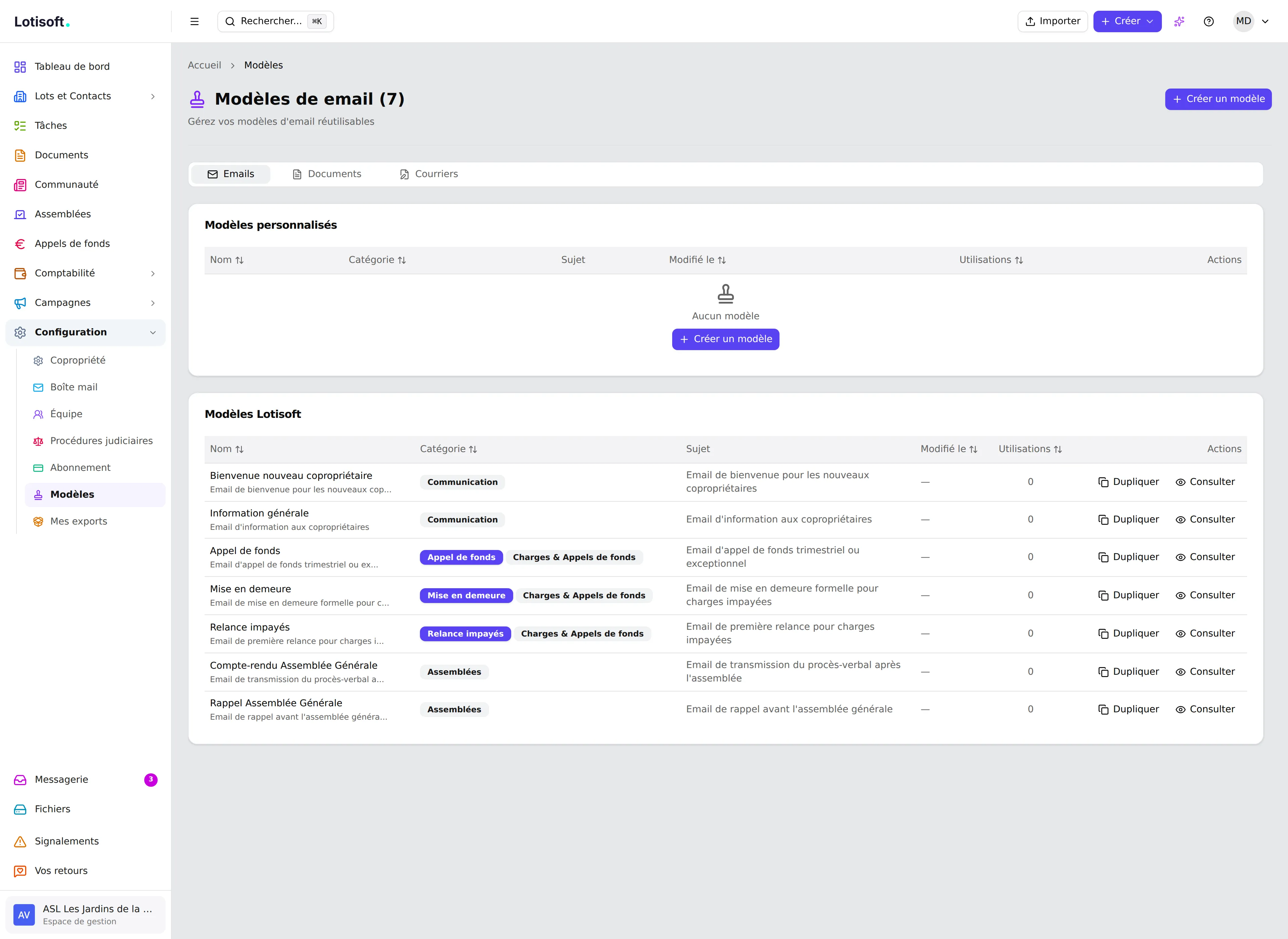 Liste des modèles de documents et emails