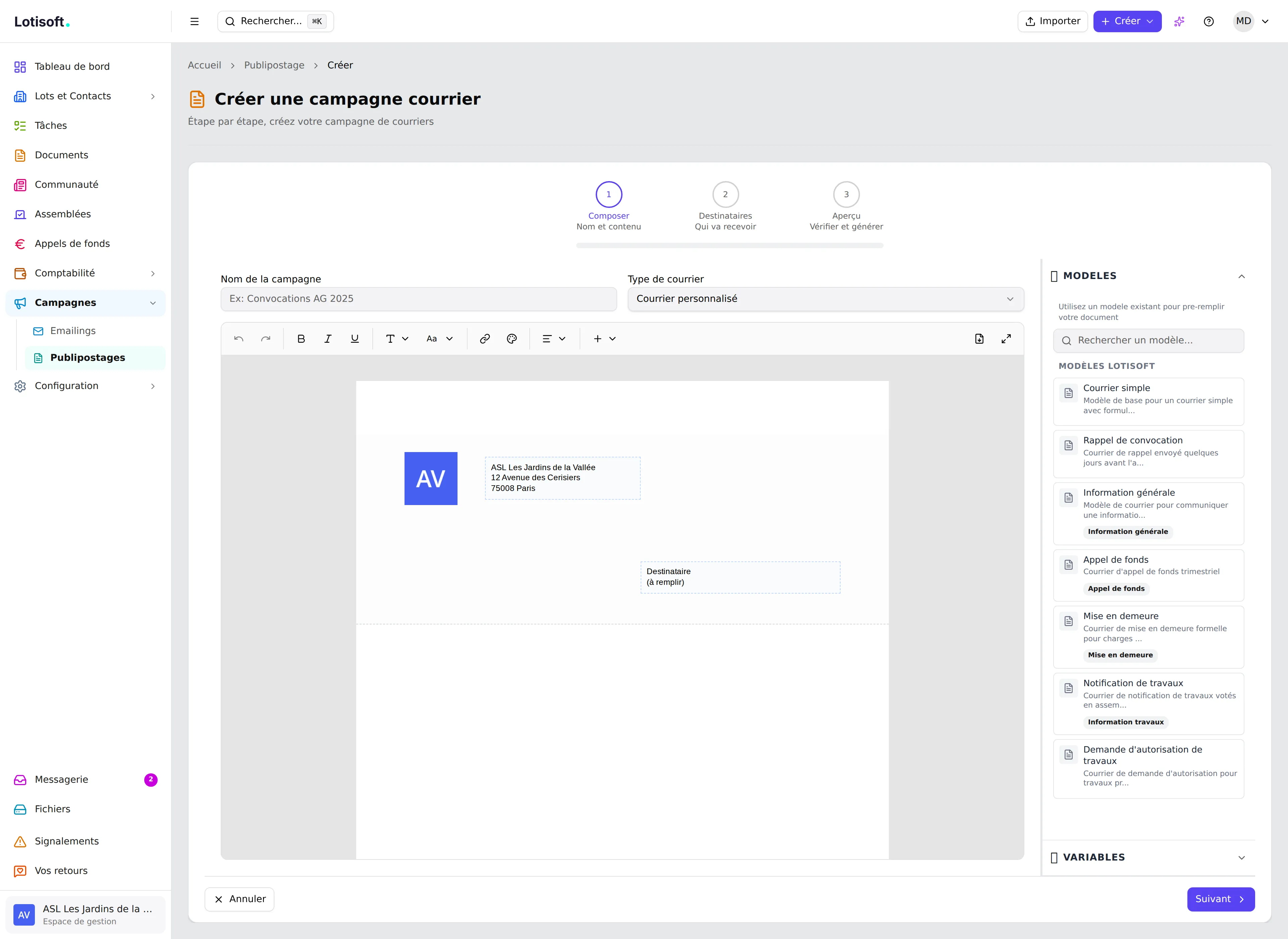 Assistant de publipostage Lotisoft — courriers personnalisés en masse