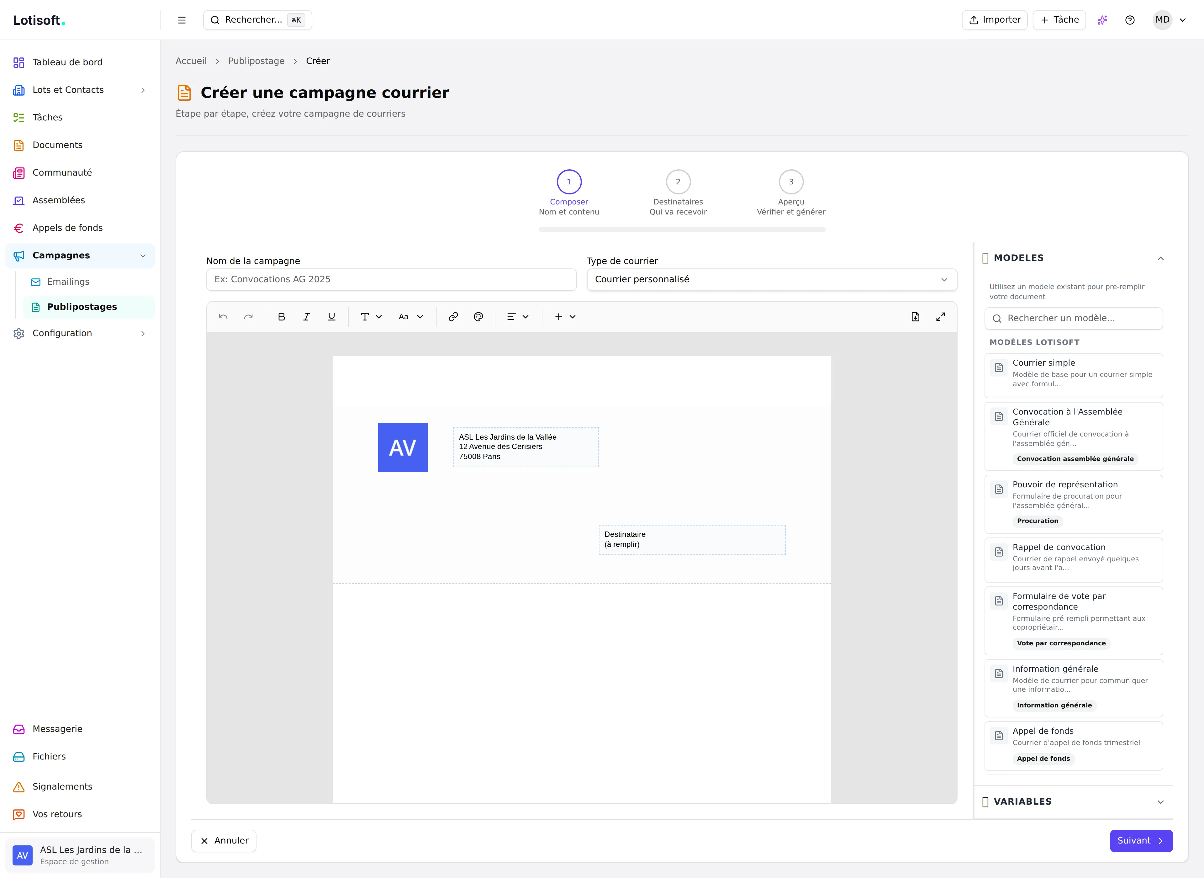 Assistant de publipostage Lotisoft — courriers personnalisés en masse