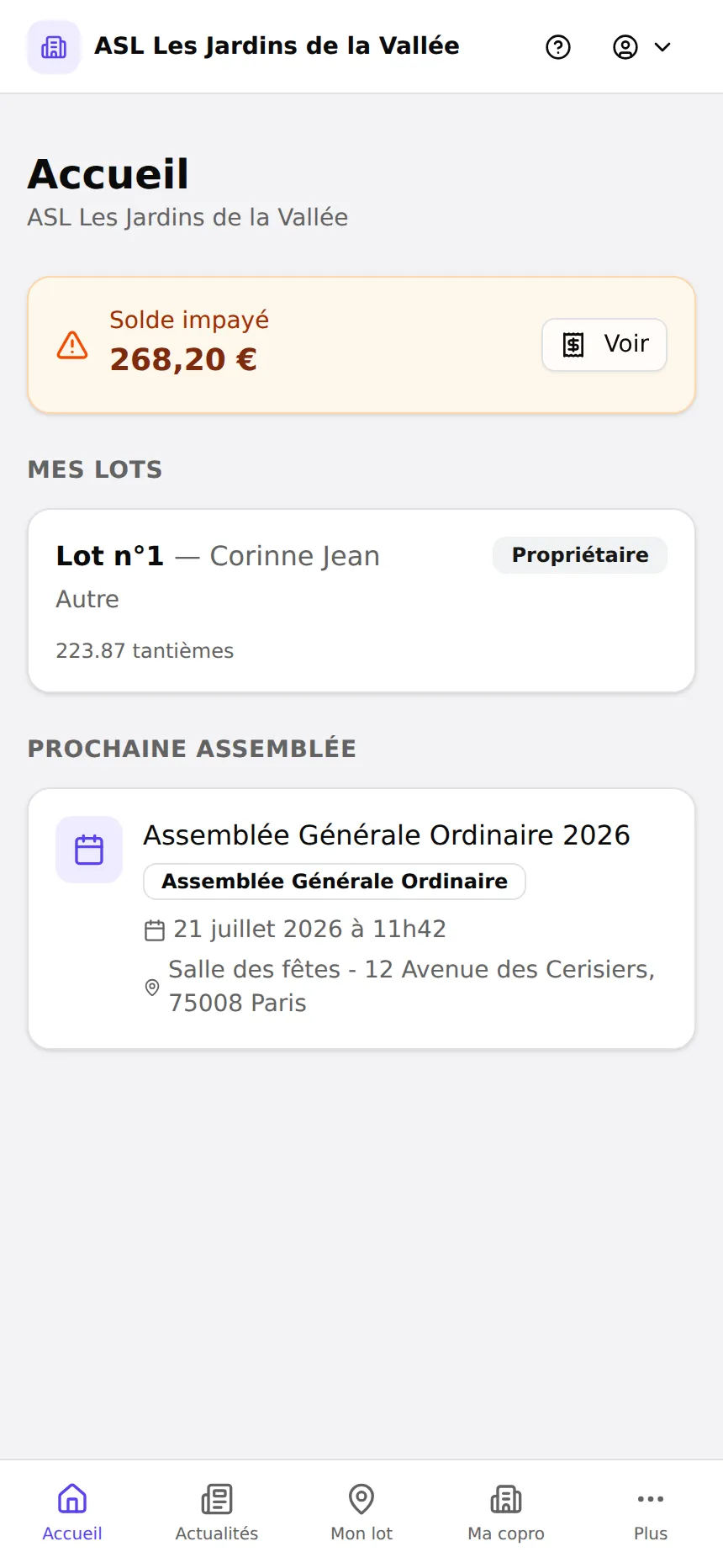 Tableau de bord de l'espace résident Lotisoft