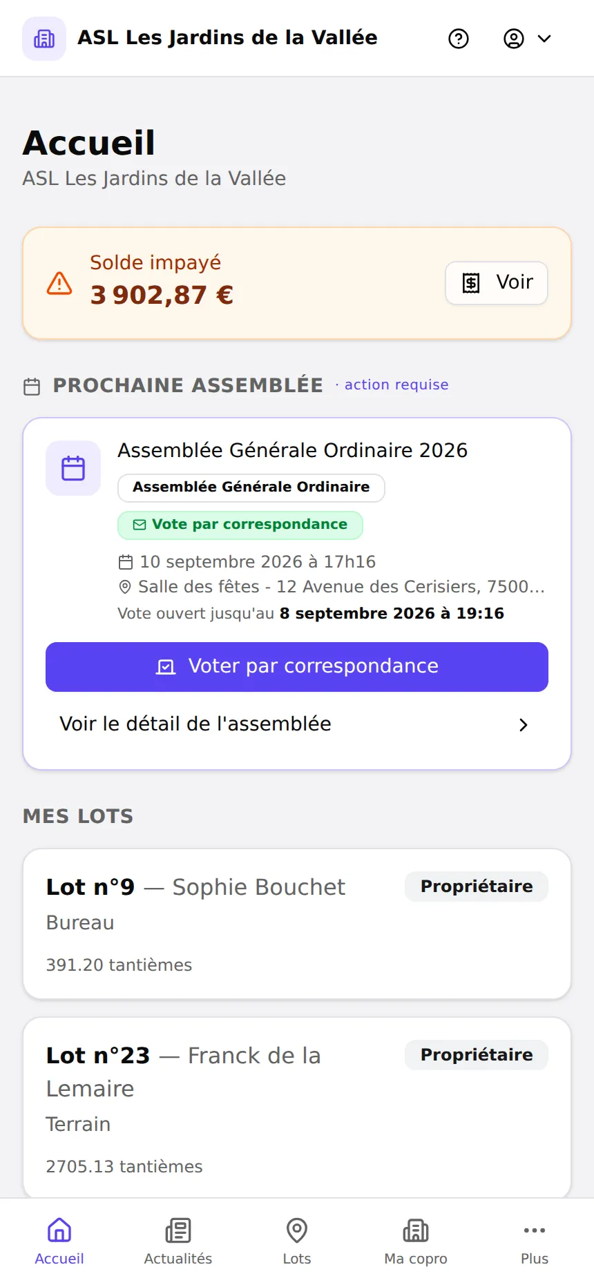 Tableau de bord de l'espace résident Lotisoft