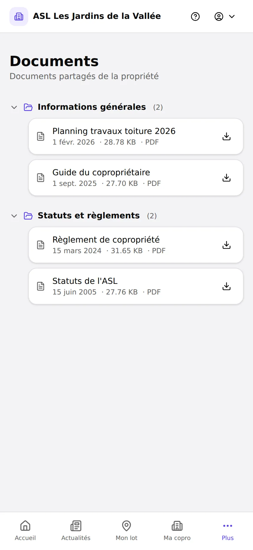 Documents partagés par catégorie dans l'espace résident