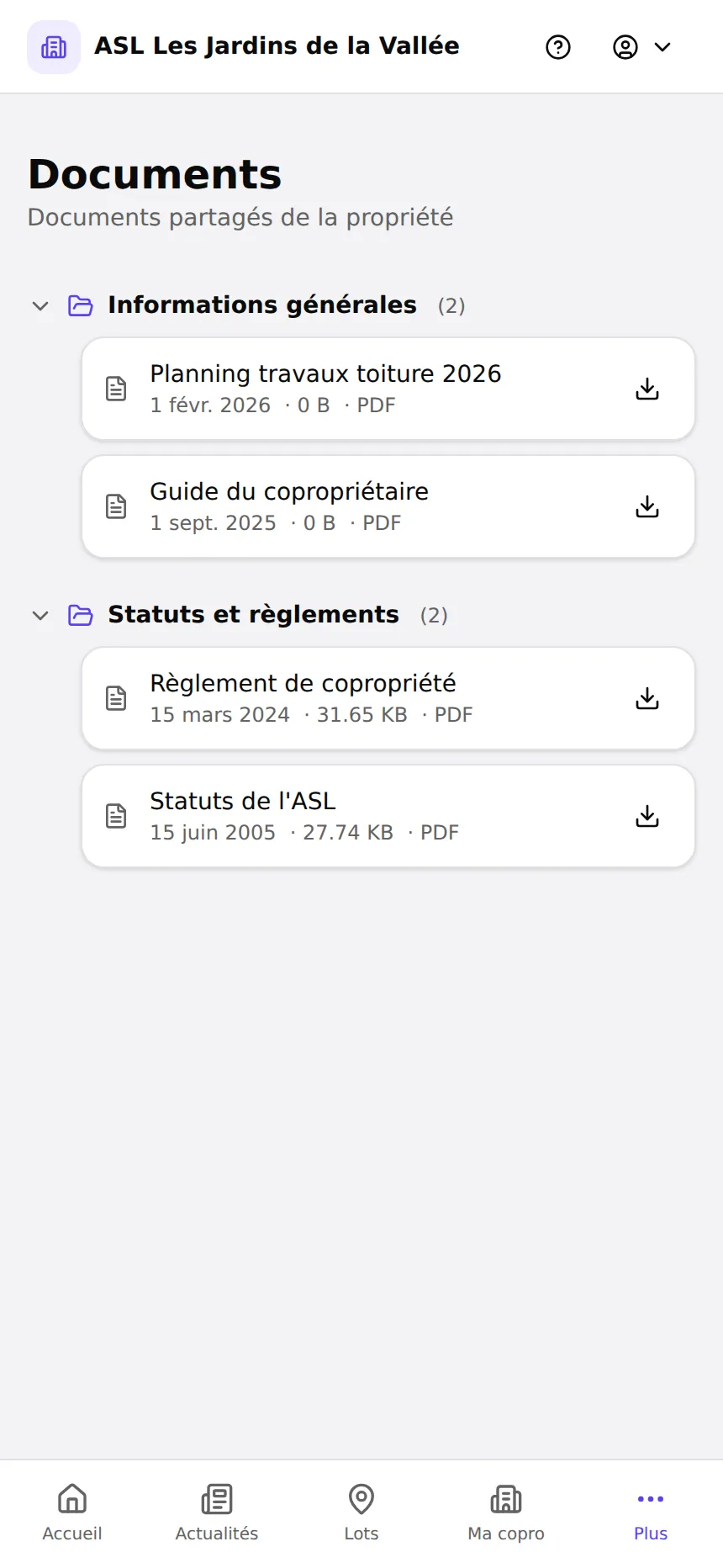 Documents partagés par catégorie dans l'espace résident