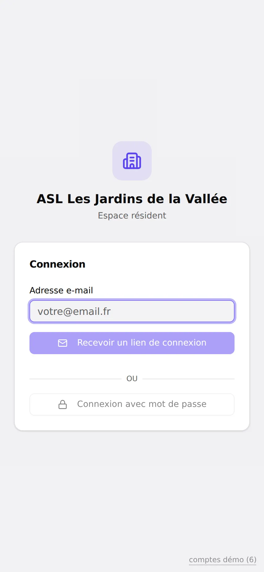 Page de connexion de l'espace résident Lotisoft