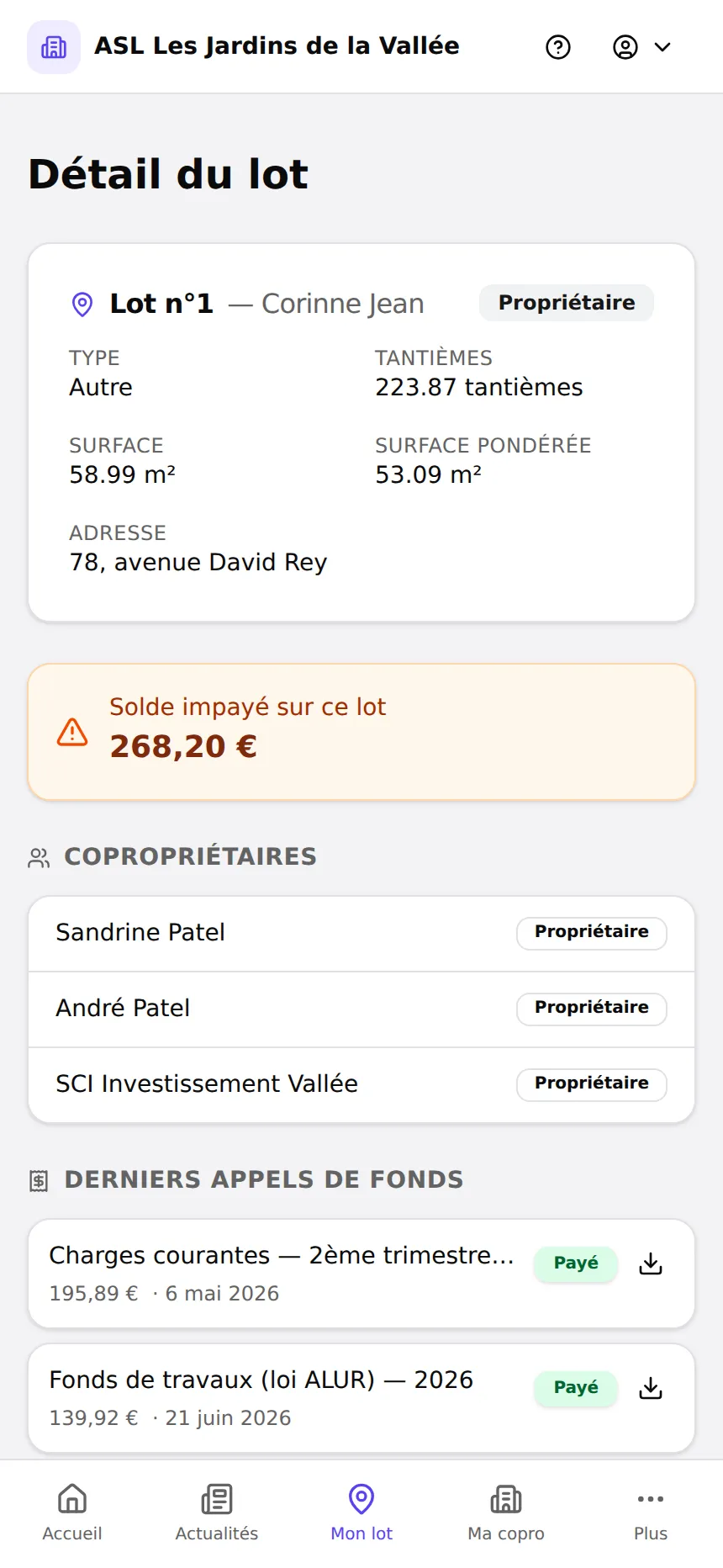 Détail d'un lot dans l'espace résident