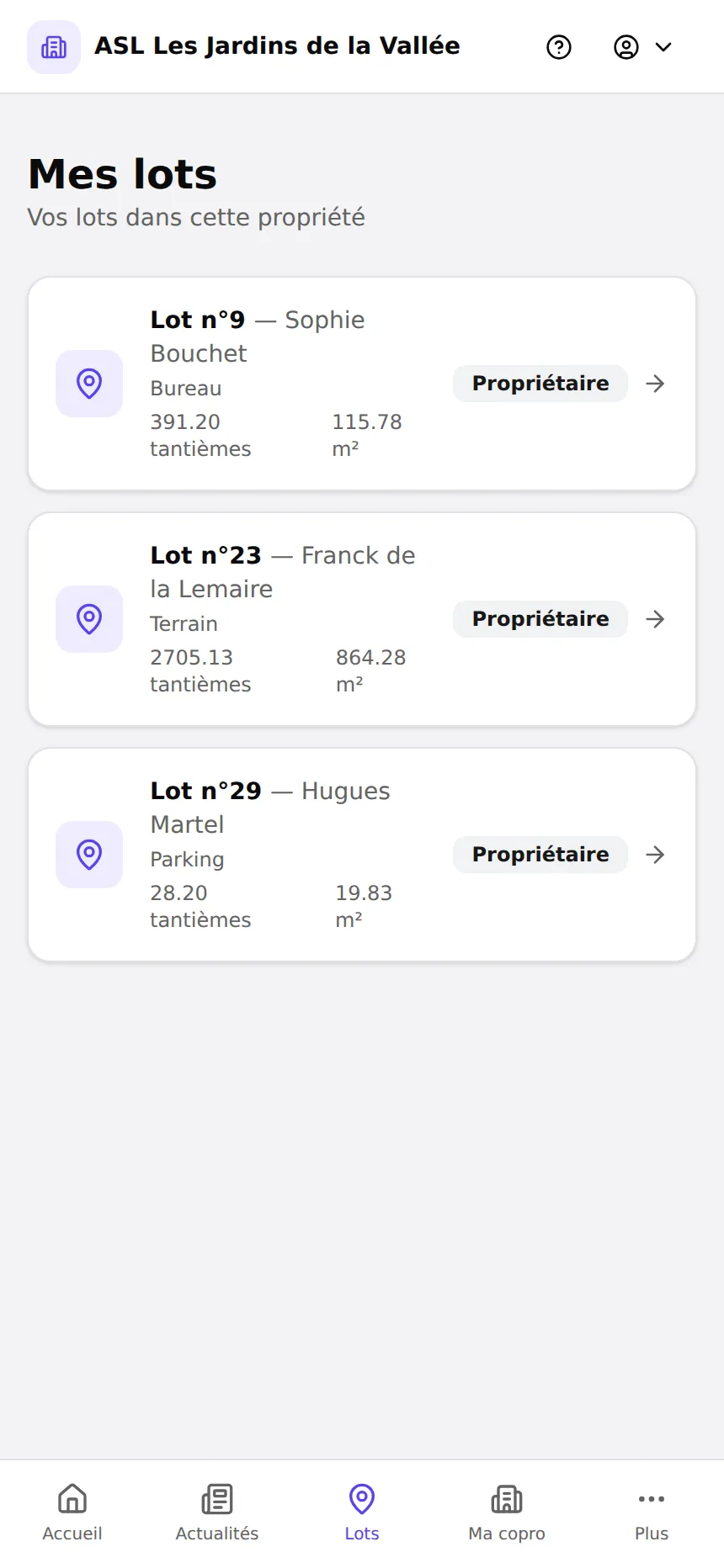 Espace résident Lotisoft — lots d'un résident