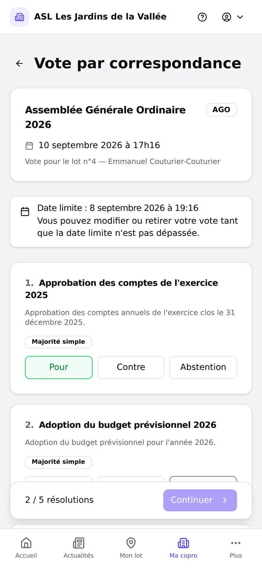 Bulletin de vote par correspondance en ligne d'un membre d'AFUL