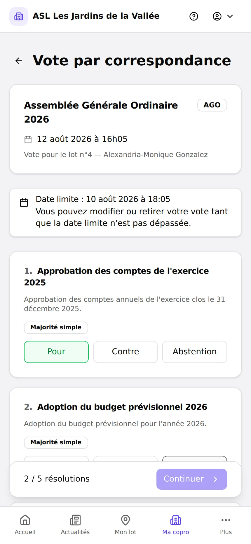 Vote par correspondance dans l'espace résident — résolutions, choix Pour/Contre/Abstention, signature électronique
