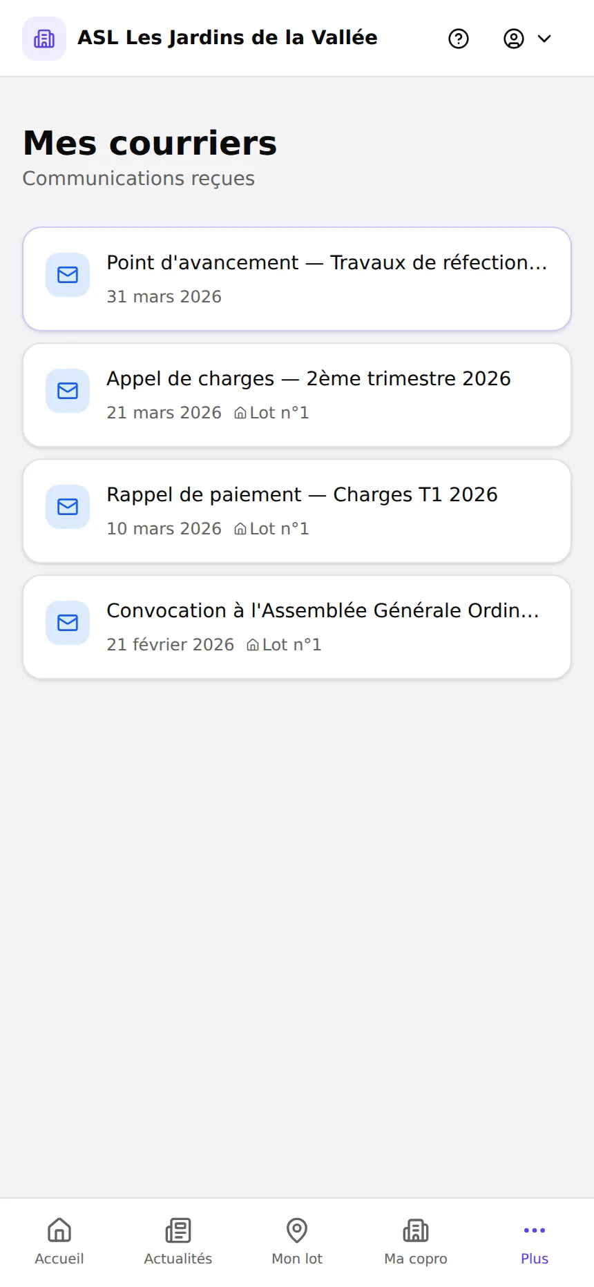 Historique des courriers dans l'espace résident