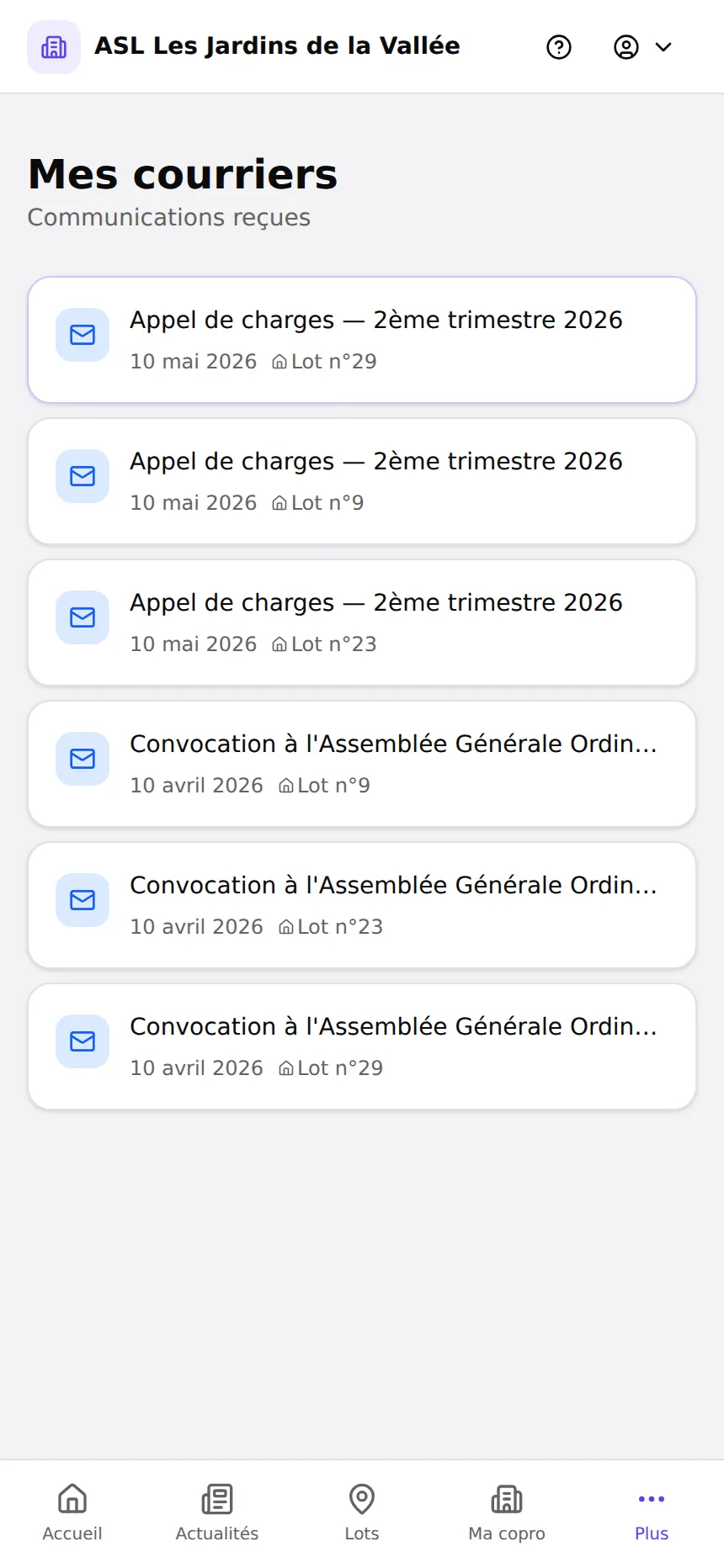 Historique des courriers dans l'espace résident