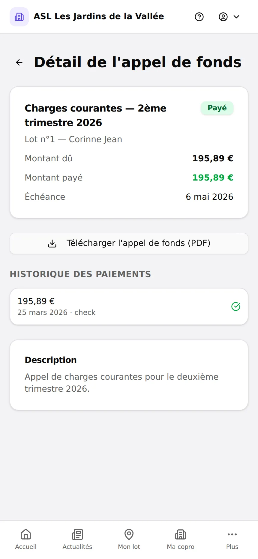 Détail d'un appel de fonds avec référence de paiement