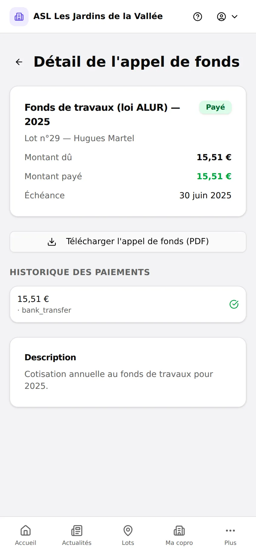 Détail d'un appel de fonds avec référence de paiement