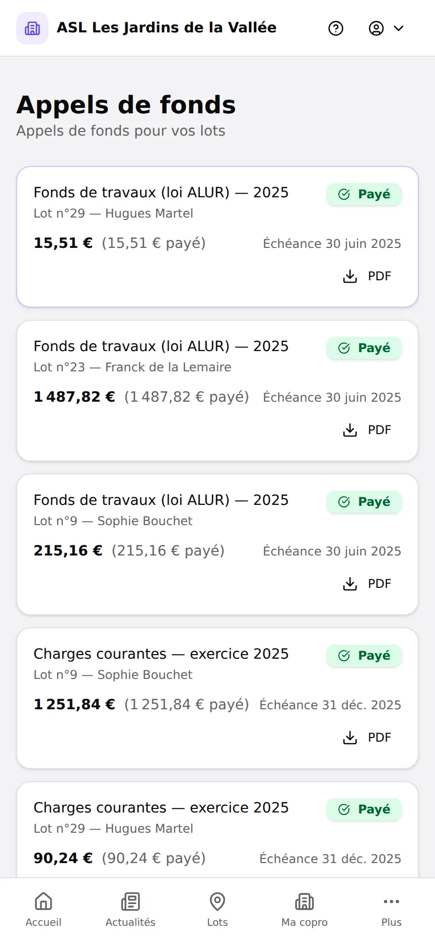 Liste des appels de fonds dans l'espace résident